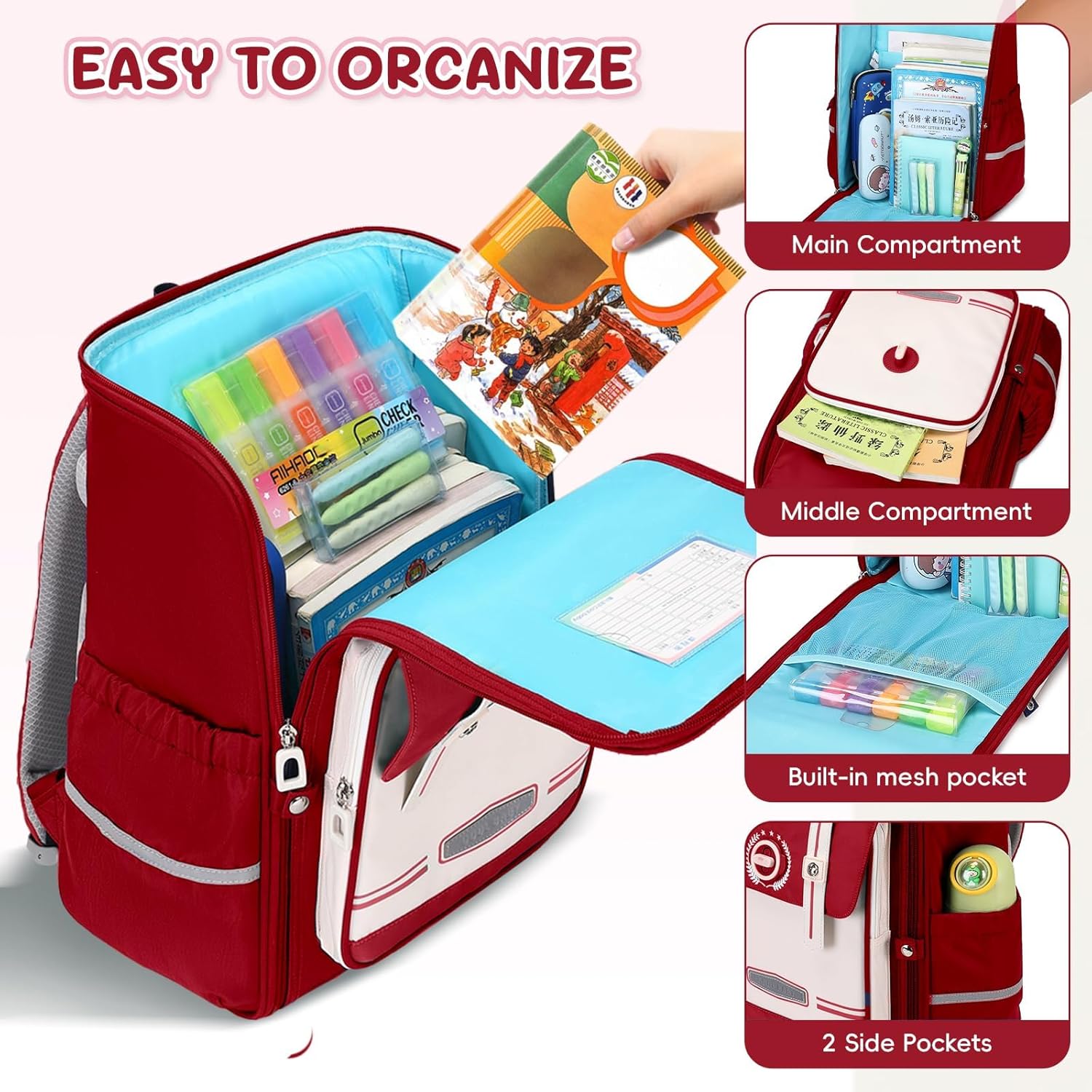 School Backpack Girls Ergonomic, Children's Backpacks 1-4th Class with Chest Strap, 2025 School Bag School Lightweight with Reflective 21L - Red – Bild 4