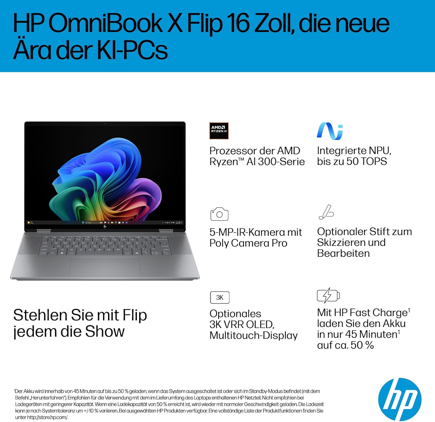 HP OmniBook X Flip 2-in-1 Next Gen AI Laptop, AMD Ryzen AI 5 340 (6C), Dedicated NPU for AI, 50 NPU Tops, Copilot+ PC, 16 Inch WUXGA 1920 x 1200 Touchscreen, 16 GB, 512 GB SSD, Win11, QWERTZ, Silver – Bild 3