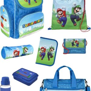 Familando School Bag 1st Class · Ergonomic Satchel · School Bag for Boys and Girls, Super Mario Game, 9-piece set with sports bag