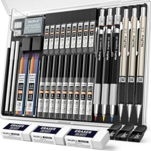 Nicpro 35-Piece Art Mechanical Pencil Set, Metal Pencils 0.5 & 0.7 & 0.9 mm and 3 Pieces 2 mm Lead Pencil with 20 Cans of Replacement Leads (Colours 6B, 4B, 2B HB, 2H, 4H) for Sketching and Drawing
