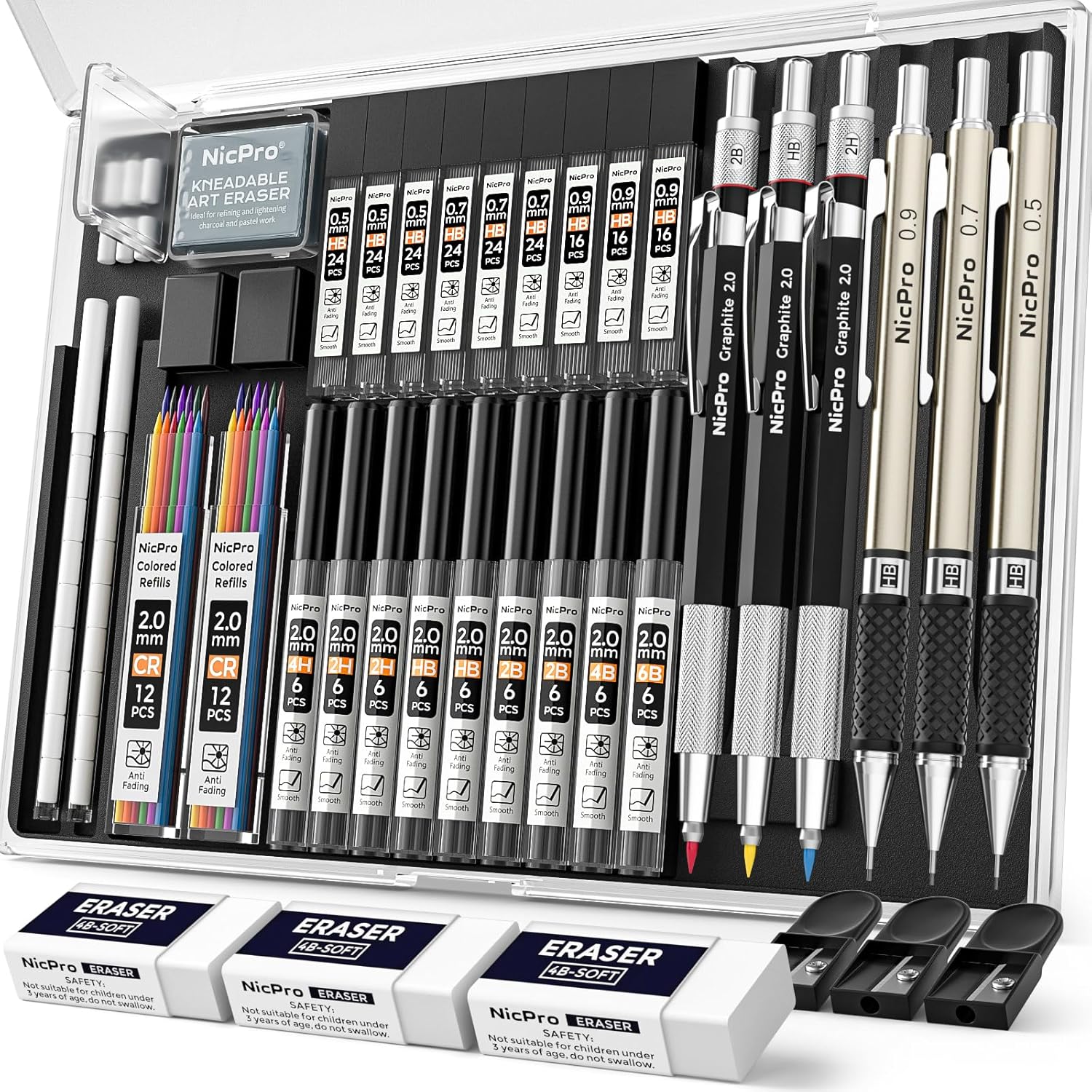 Nicpro 35-Piece Art Mechanical Pencil Set, Metal Pencils 0.5 & 0.7 & 0.9 mm and 3 Pieces 2 mm Lead Pencil with 20 Cans of Replacement Leads (Colours 6B, 4B, 2B HB, 2H, 4H) for Sketching and Drawing