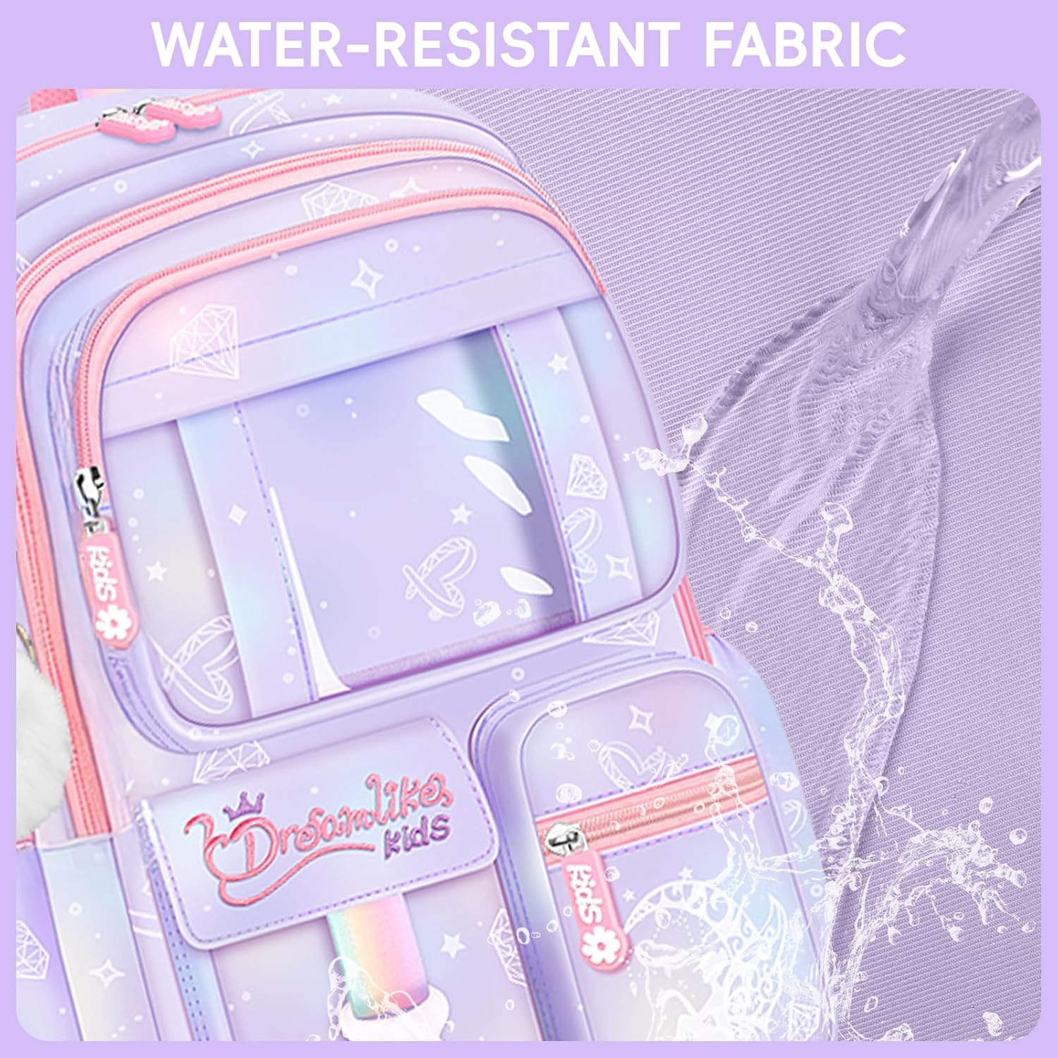 School Backpack Girls Set 3 in 1 with Lunch Bag Pencil Case, 2025 Backpack School Children's School Bag with Chest Strap Reflective, School Bag Kawaii Water-Repellent 26L, 6777, purple – Bild 6