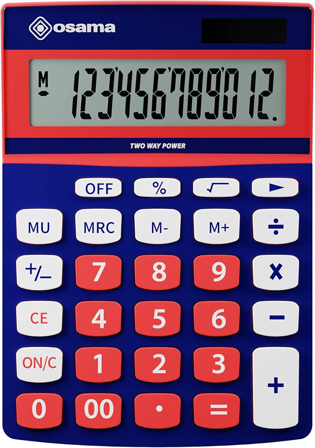 Osama Large Office Calculator with 12 Digits, 3 Memory Buttons and Dual Power Supply - Professional Calculator with Mark Up for Work and University, 3.6 x 11.5 x 15.5 cm, Light Blue/Orange