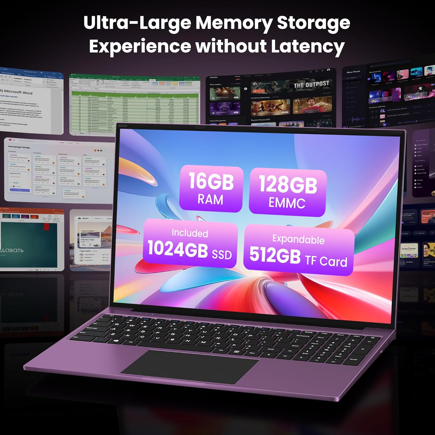 jumper Laptop 16 Inch IPS 1920 x 1200, Intel N150 (3.6 GHz), 16GB RAM 1TB SSD + 128GB eMMC Notebook, 2 Stereo Speakers, USB 3.0/Mini HDMI/38Wh Battery (Purple) – Bild 3