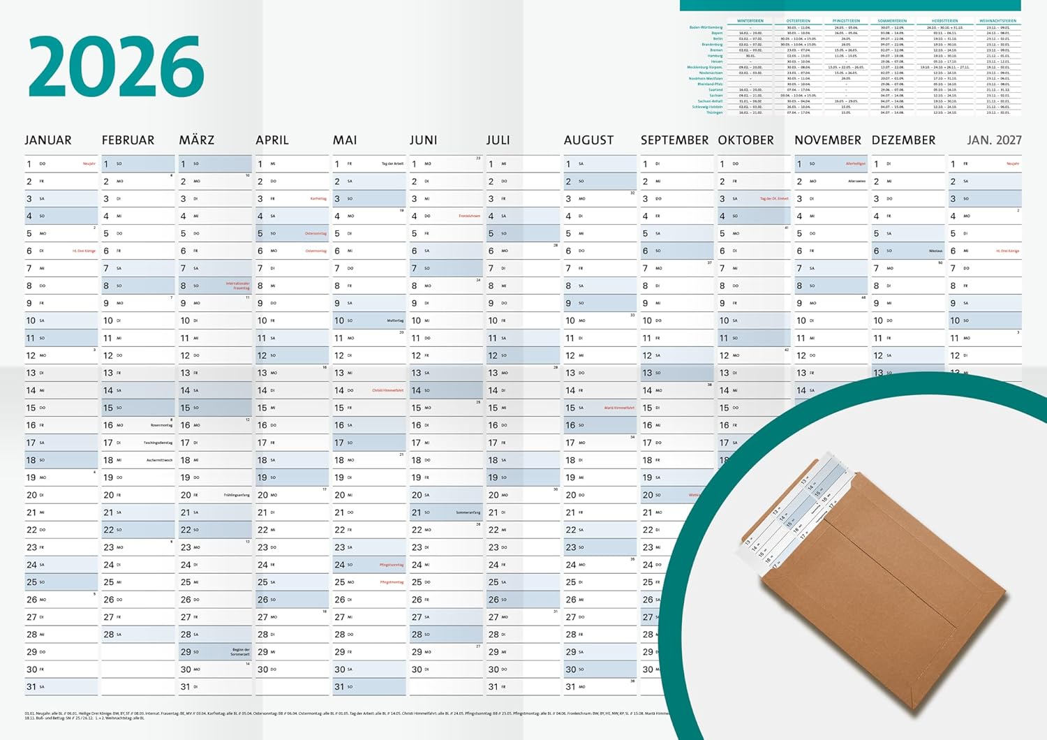 A1 Wall Calendar for 2026, Large Format (84.1 x 59.4 cm), 13 Months, Annual Calendar with Monthly Overview, Holidays, School Holidays, Monthly Planner, Folded Calendar, for Work, Office & Home – Bild 3