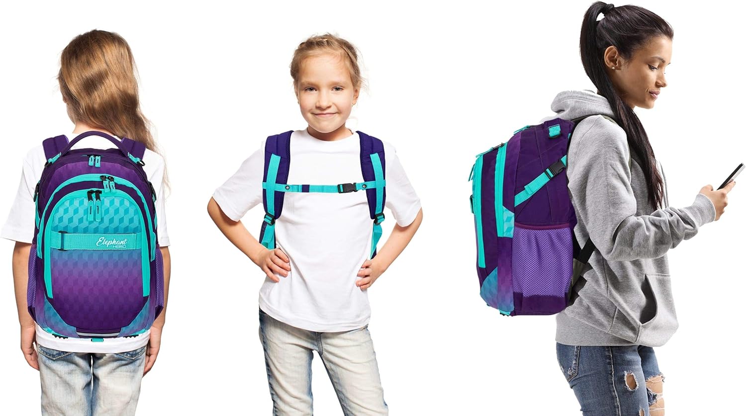 Elephant Hero Signature School Backpack School Bag School Folder Daypack Girls with Rain Cover +r, Violet Cube (Purple-Turquoise), Rucksack – Bild 5