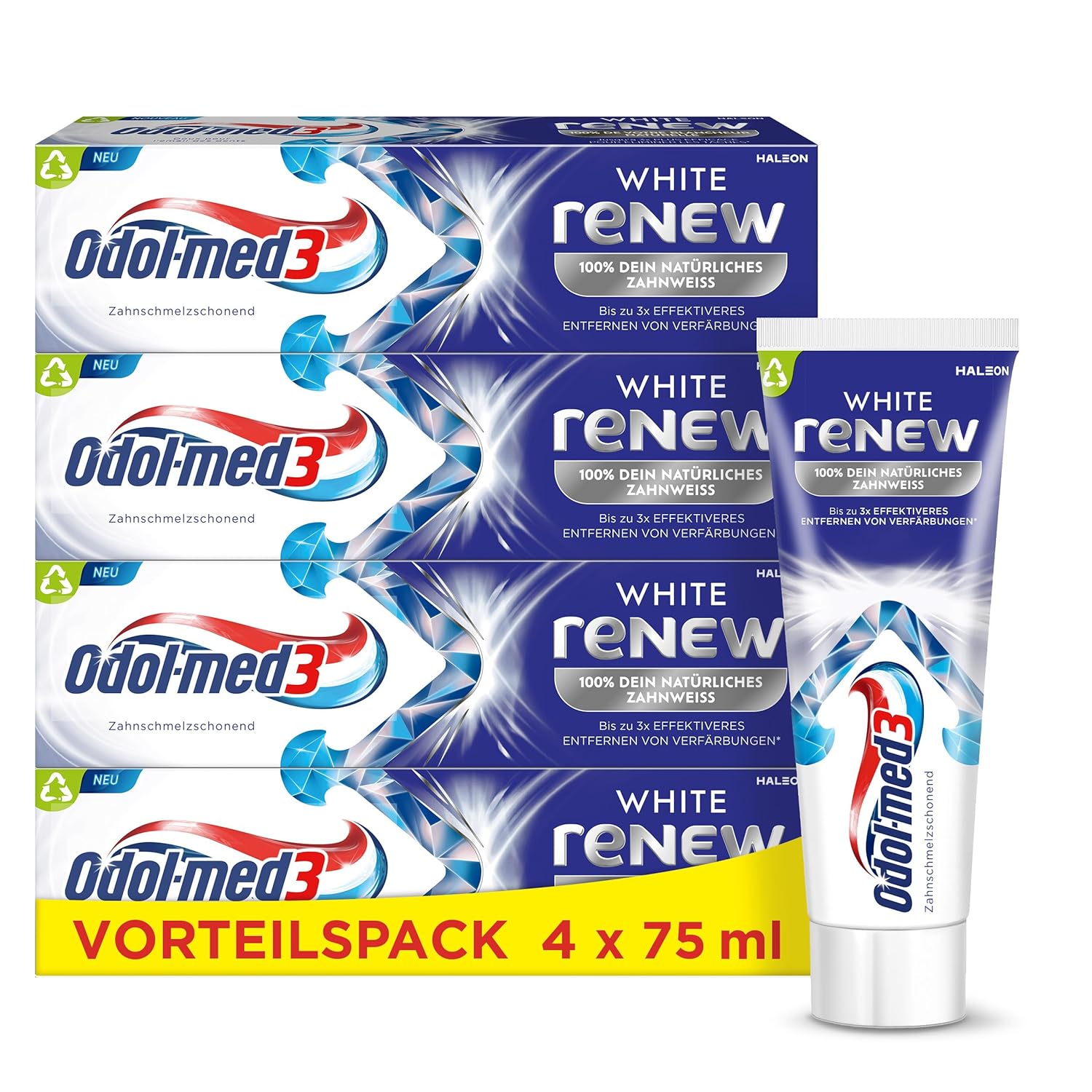Toothpaste Odol-med3 White reNEW Toothpaste, Up to 3x More Effective Removal of Discolouration*, Formation of a Protective Shield for Long-Lasting White Teeth, 4 x 75 ml