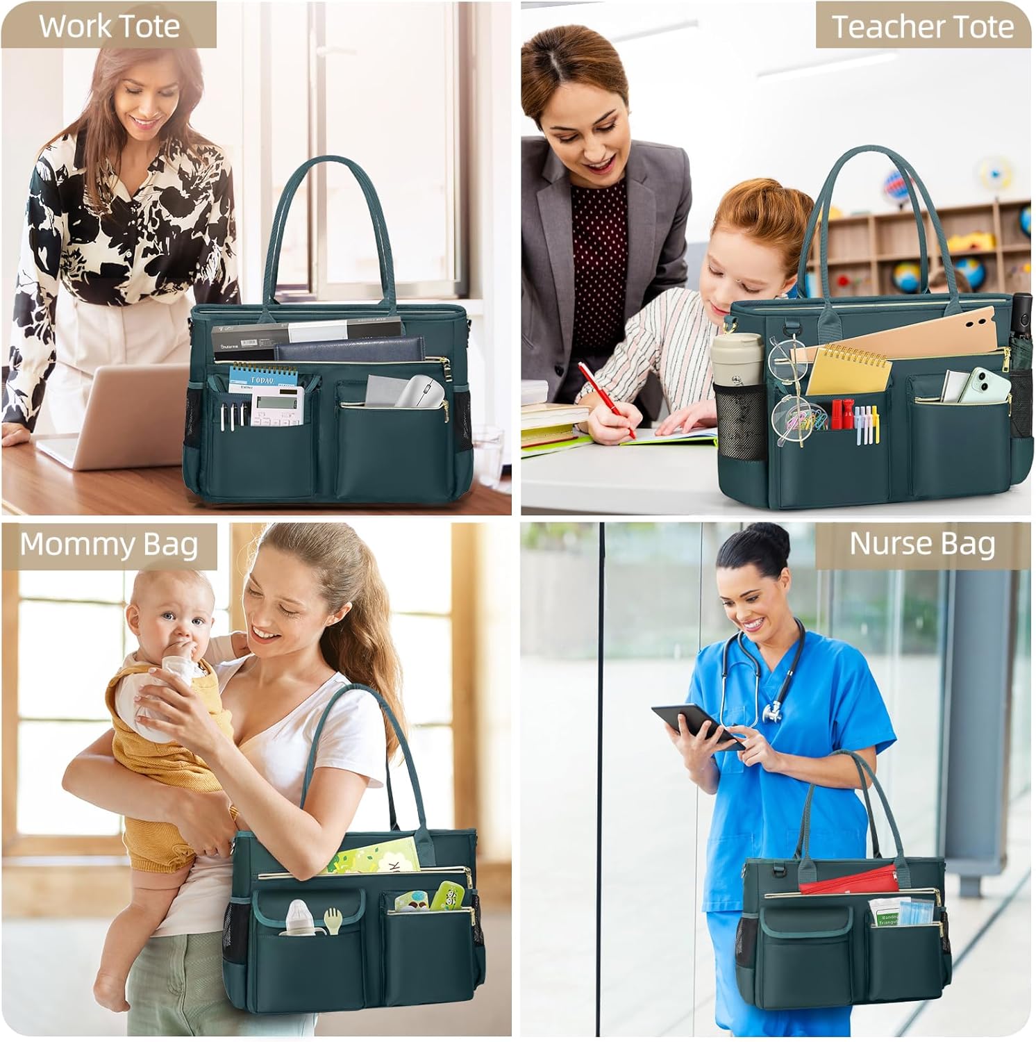 RAINSMORE Teacher Bag Women's Large Laptop Bag 15.6 Inch Work Bag with Insulated Bag Uni Nurse Bag for Work School Office Business University, dark green – Bild 2