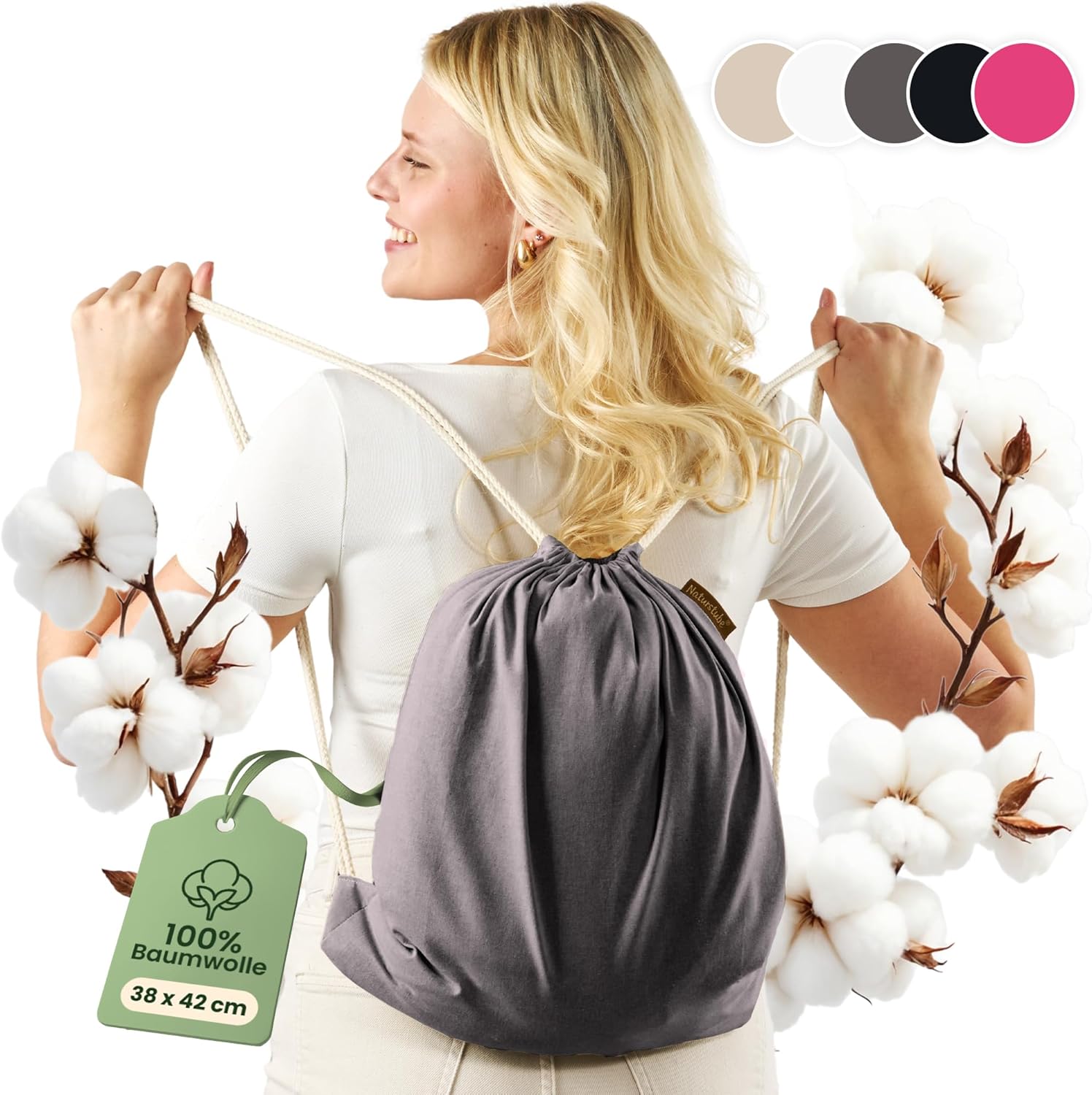 Cotton Gym Bag (1 Piece, 38 x 42 cm) Oeko-Tex® Certified | Fabric Bag & Sports Bag for Painting | Jute Bag for Festival | Women, Men & Children | Plastic-Free Packaging – Bild 8