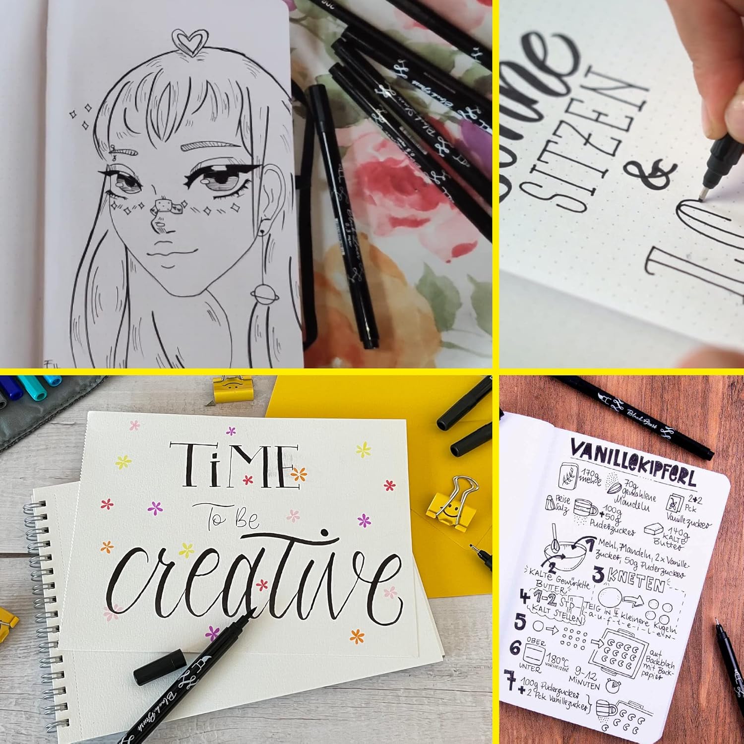 Online 5 x Fineliner Black Water Resistant with Brush Pen, Fineliner Tips and Calligraphy Tip Black Hand Lettering Set Ink Pens for Bullet Journal, Sketchnotes & DIY Gifts – Bild 5