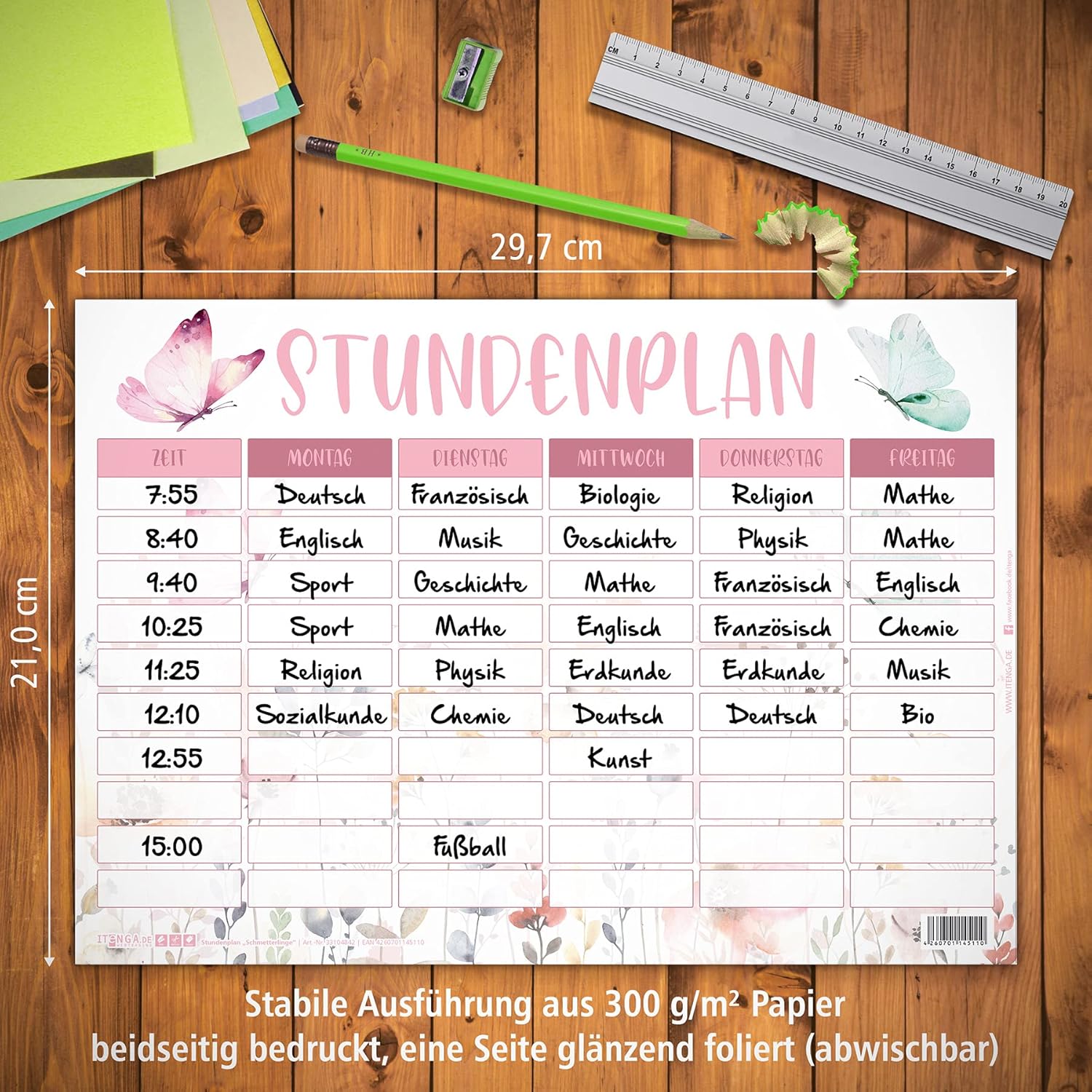 itenga Timetable DIN A4 with Motif Double-Sided One Side Wipeable 300 g Cardboard Timetable for Girls and Boys (Butterfly) – Bild 3