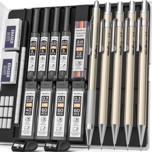 Nicpro 5 Piece Metal Mechanical Pencil Set with Case, Artist Pencils with 9 Cans of Replacement Leads 0.3, 0.5, 0.7, 0.9 and 2 mm (2H HB 2B 4B Coloured Lead), 2 Erasers, for Sketching and Drawing