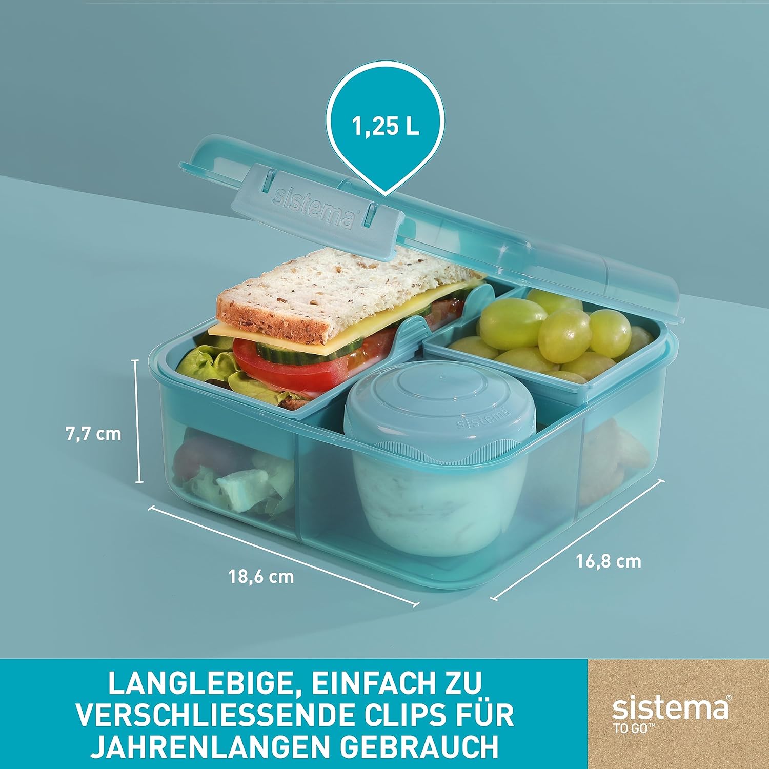 Sistema Bento Box Ocean Bound Plastic Lunch Box with Compartments, 1.25 L Lunch Box with Yoghurt/Fruit Container, Lunch Box Children and Adults, Made with Recycled Plastic, Turquoise – Bild 3