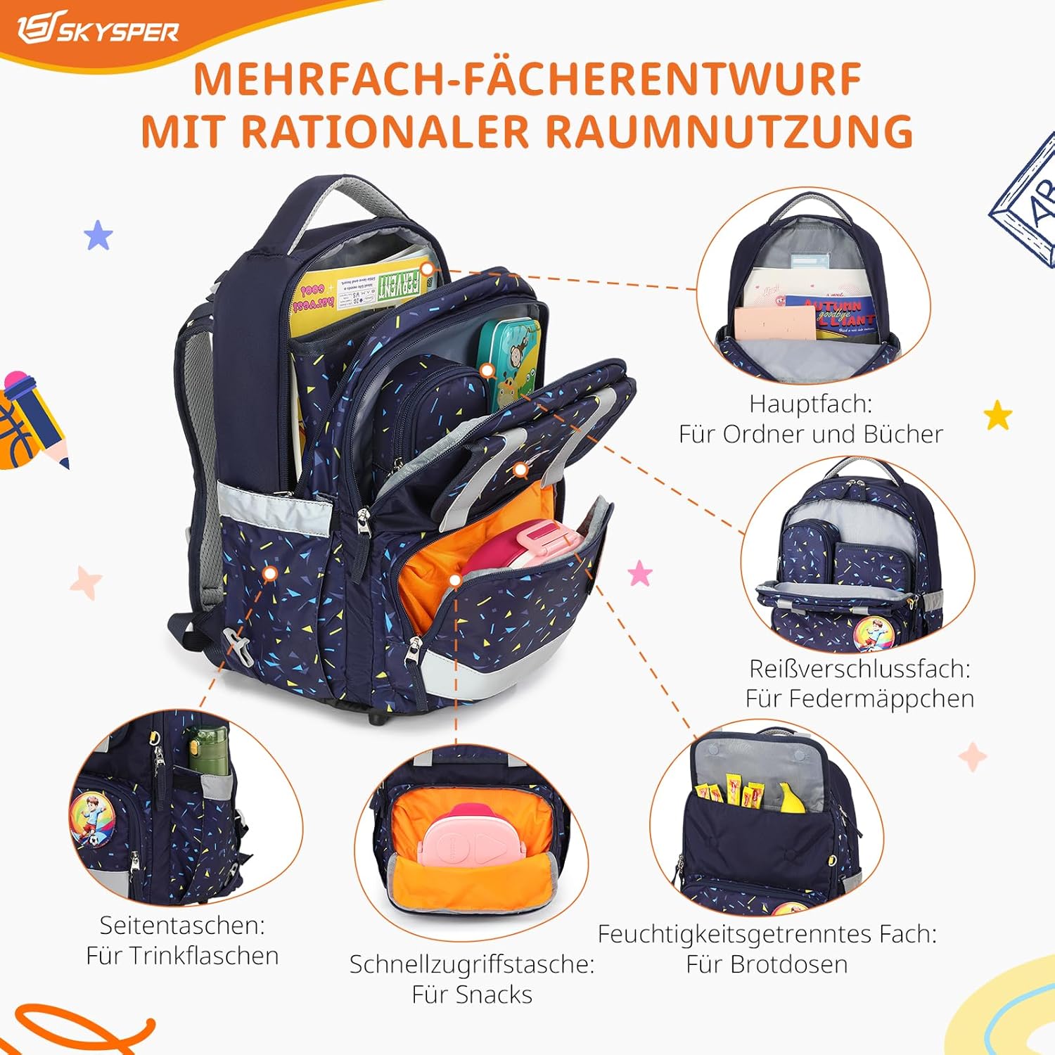 SKYSPER School Bag Set, 5 Pieces, School Backpack, Ergonomic Carry System, 16 L School Bag with 360° Reflective Strips, for Girls, Gungen Children, 1st Class for Travel, Sports – Bild 3