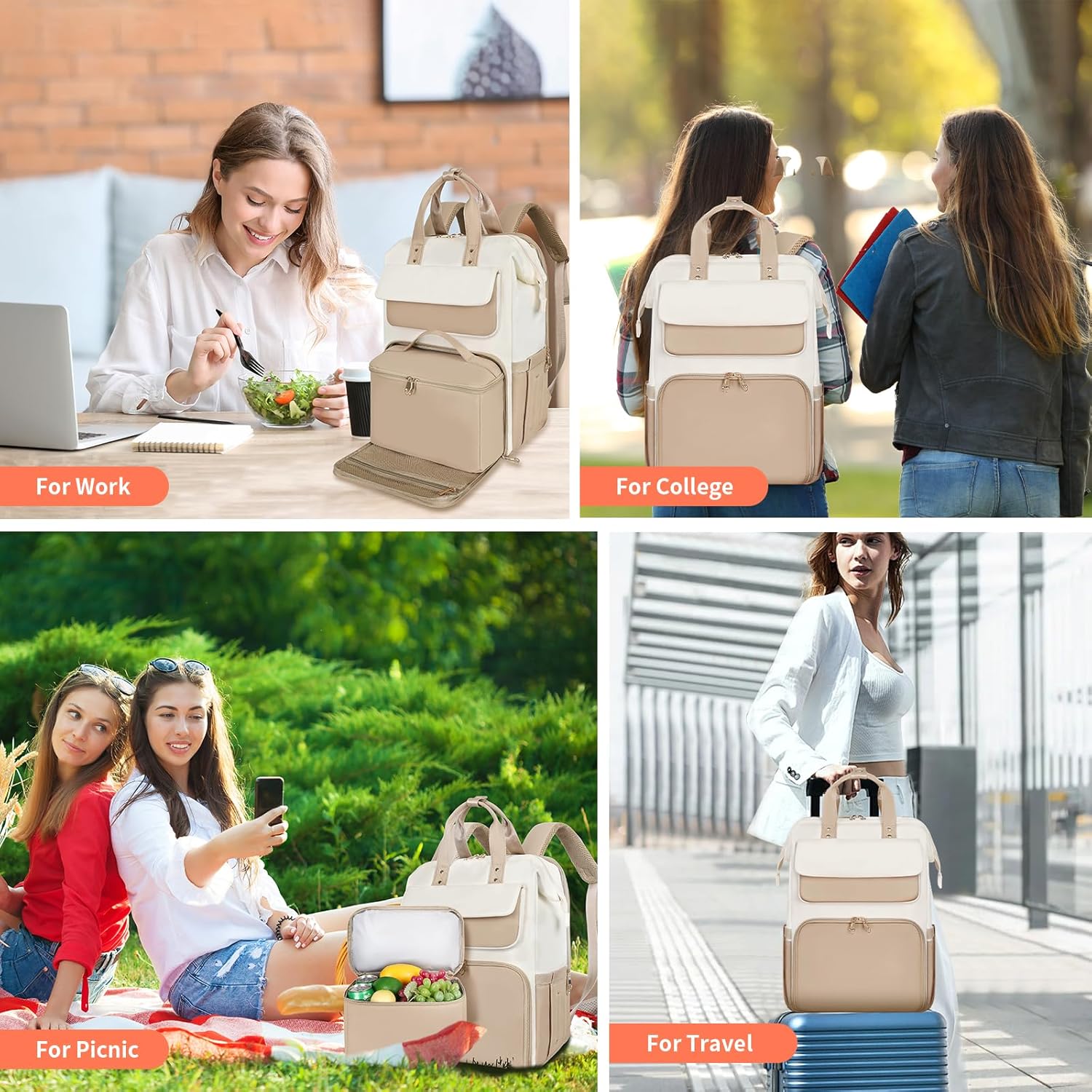BERTASCHE Lunch Backpack, Laptop Backpack Women's 15.6 Inch with Insulated Cool Bag, 2-in-1 Work Backpack for Women/Work/Business/Travel/Teacher/School/University, Khaki Beige – Bild 6