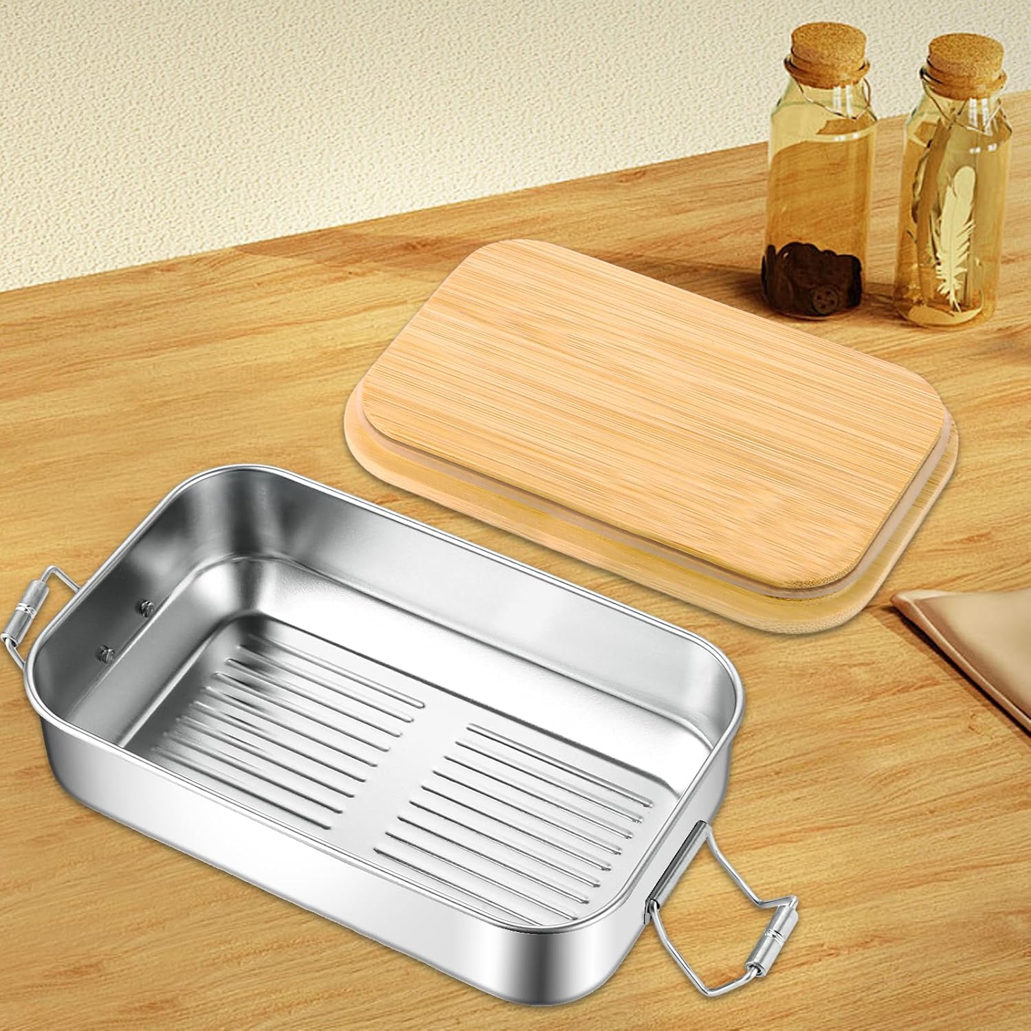 SHUESS Set of 2 Stainless Steel Children's Lunch Box 700 ml with Bamboo Lid - Leak-proof Metal Lunch Box Stainless Steel Reusable - Lunch Boxes, Lunch Box Stainless Steel Metal for School Adults – Bild 4