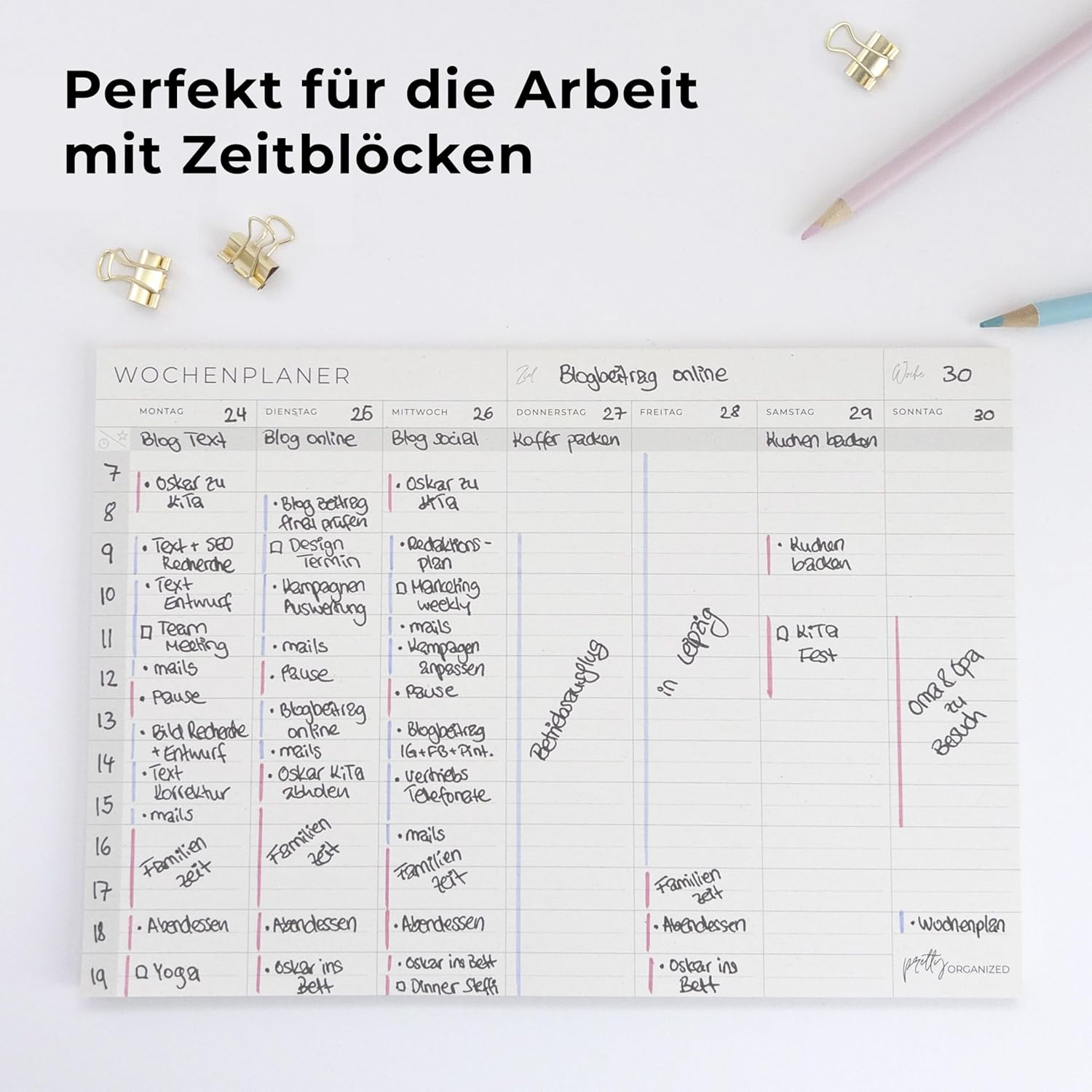 Pretty Organised Weekly Planner Pad without Fixed Times in Modern & Minimalist Design, Ideal for Time Blocking, Suitable for A4 and A5 Notebook, Sustainably Made – Bild 6