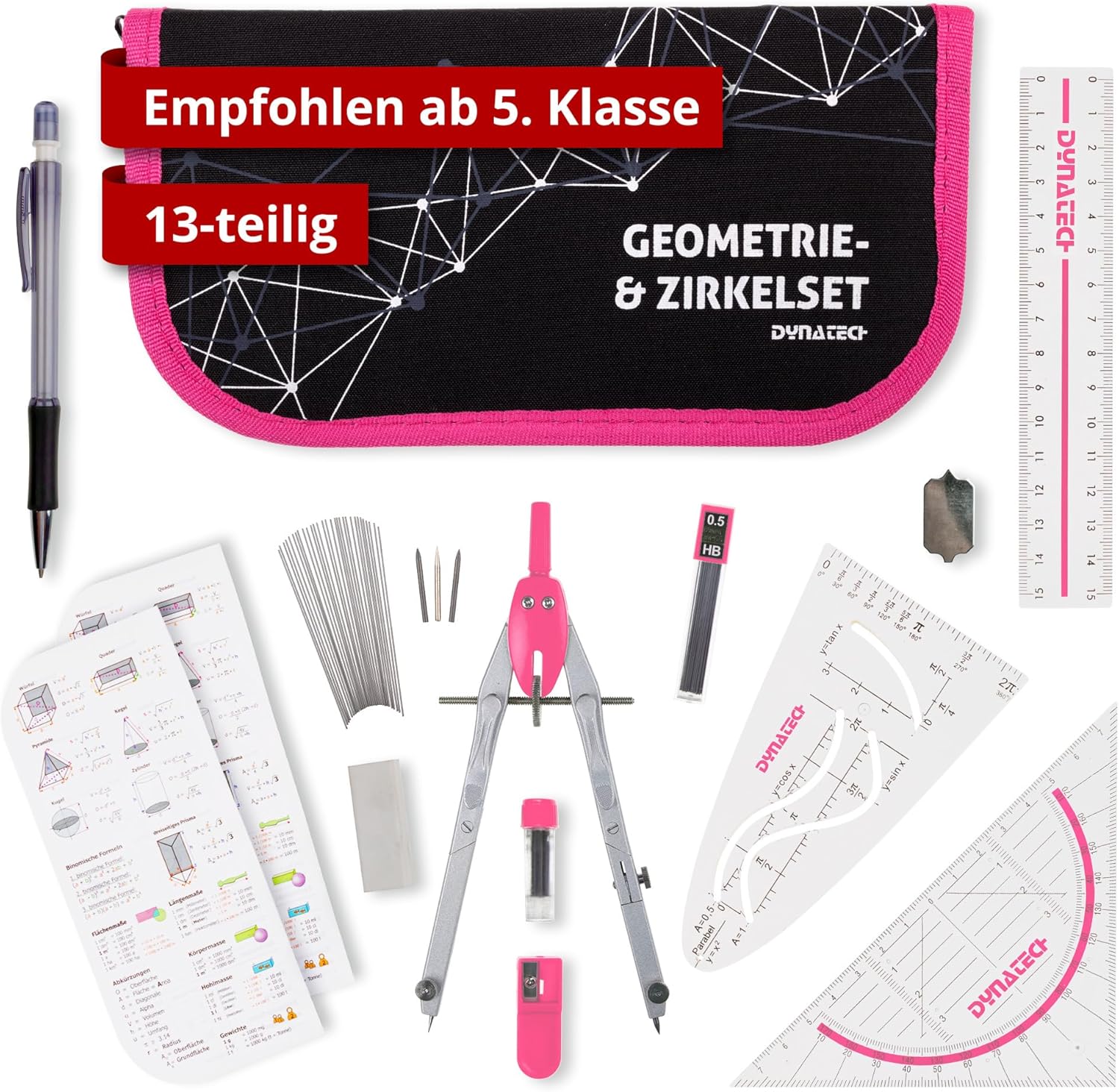 DynaTech Compass Set Geometry Set 13 Pieces with Quick Adjusting Compass, Set Square, Parabola, Pencil, Ruler, Sharpener and Replacement Leads in Case Pink - Practical Mathematics Set Including Pencil Case – Bild 2