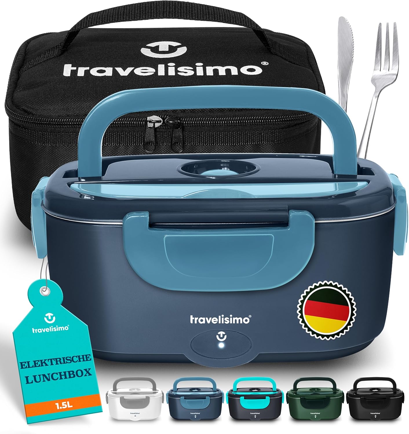 TRAVELISIMO Electric Lunch Box 80 W Warming Box for Food, 1.5 L Warming Container for Food, 3-in-1 Electric Lunch Box, Self-Heating Cans 12 V/24 V/220 V, for Work, Car, Truck, Lunch Box, Electric