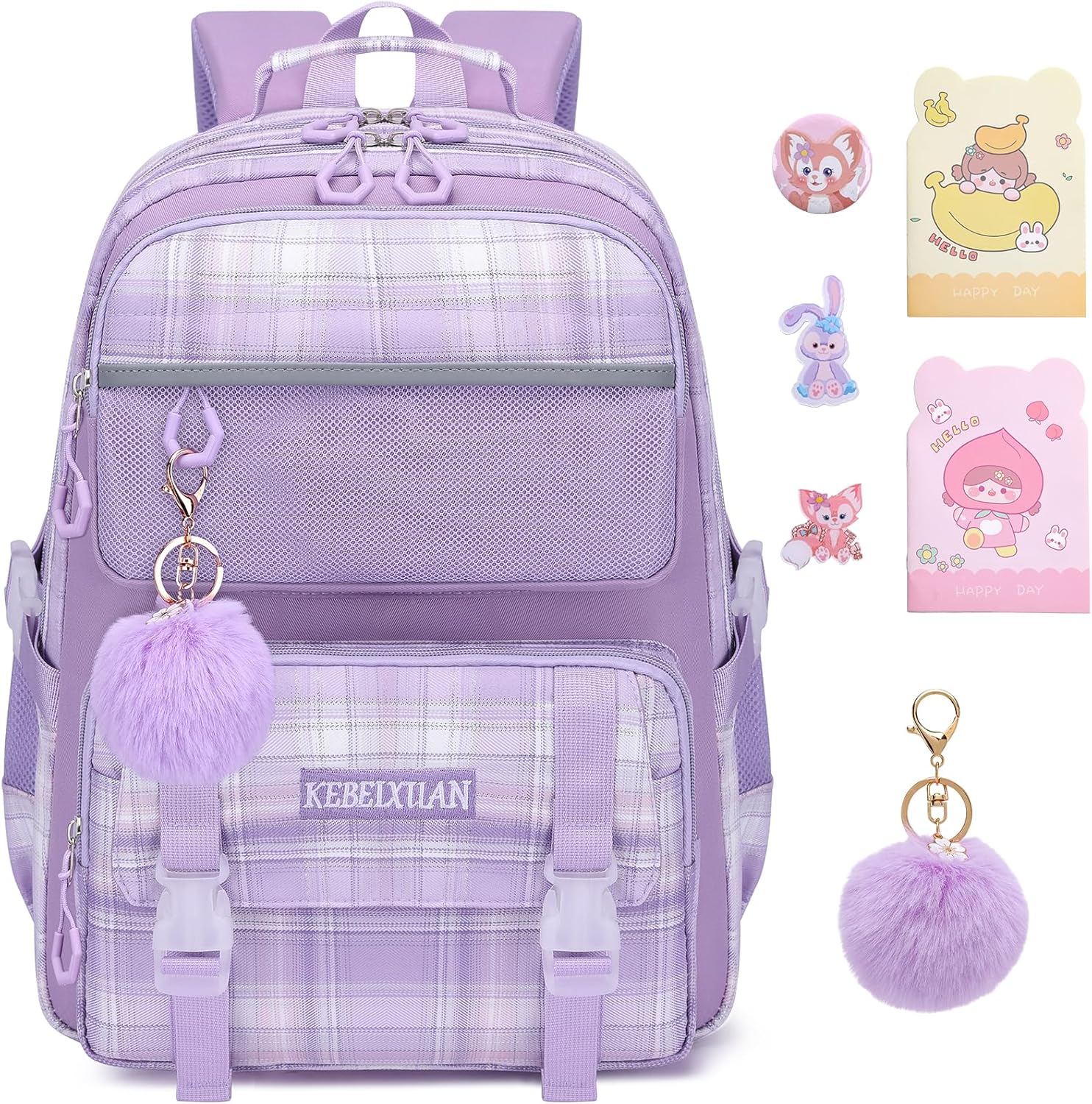 KEBEIXUAN Kids Primary School Bag for Girls, Kids Backpack, Lightweight Girls School Book Bags with Kawaii Pendant for Kids