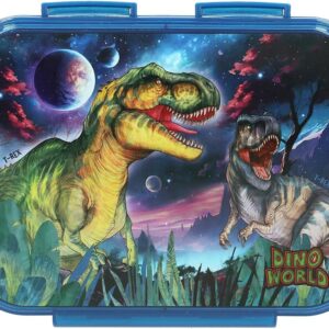 Depesche 13399 Dino World Galaxy Lunch Box in Dark Blue with Dino Motif and Space Design, Lunch Box with 3 Compartments and Transparent Lid