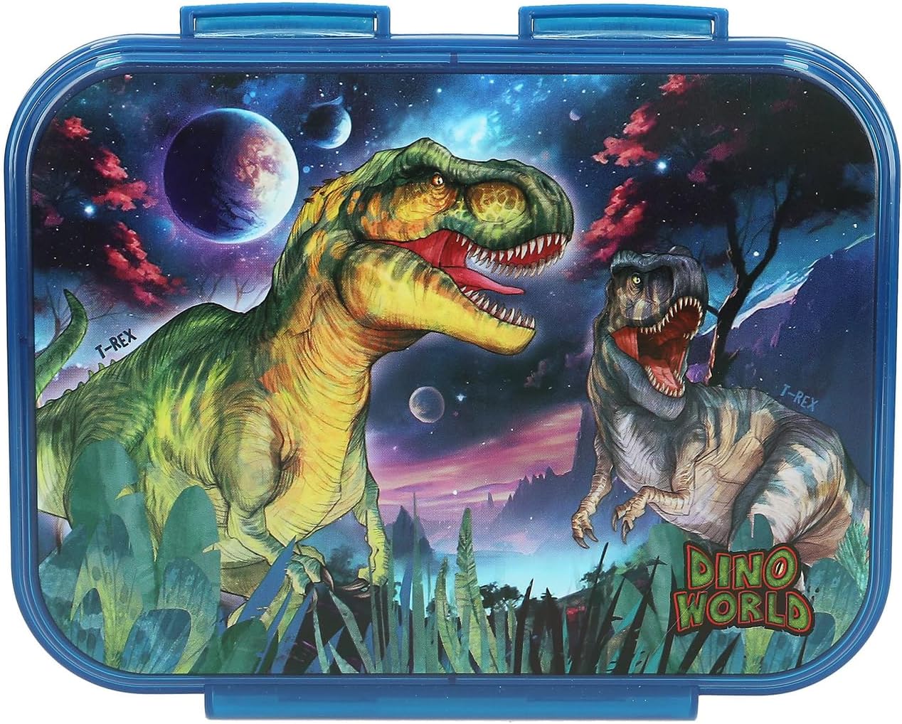 Depesche 13399 Dino World Galaxy Lunch Box in Dark Blue with Dino Motif and Space Design, Lunch Box with 3 Compartments and Transparent Lid