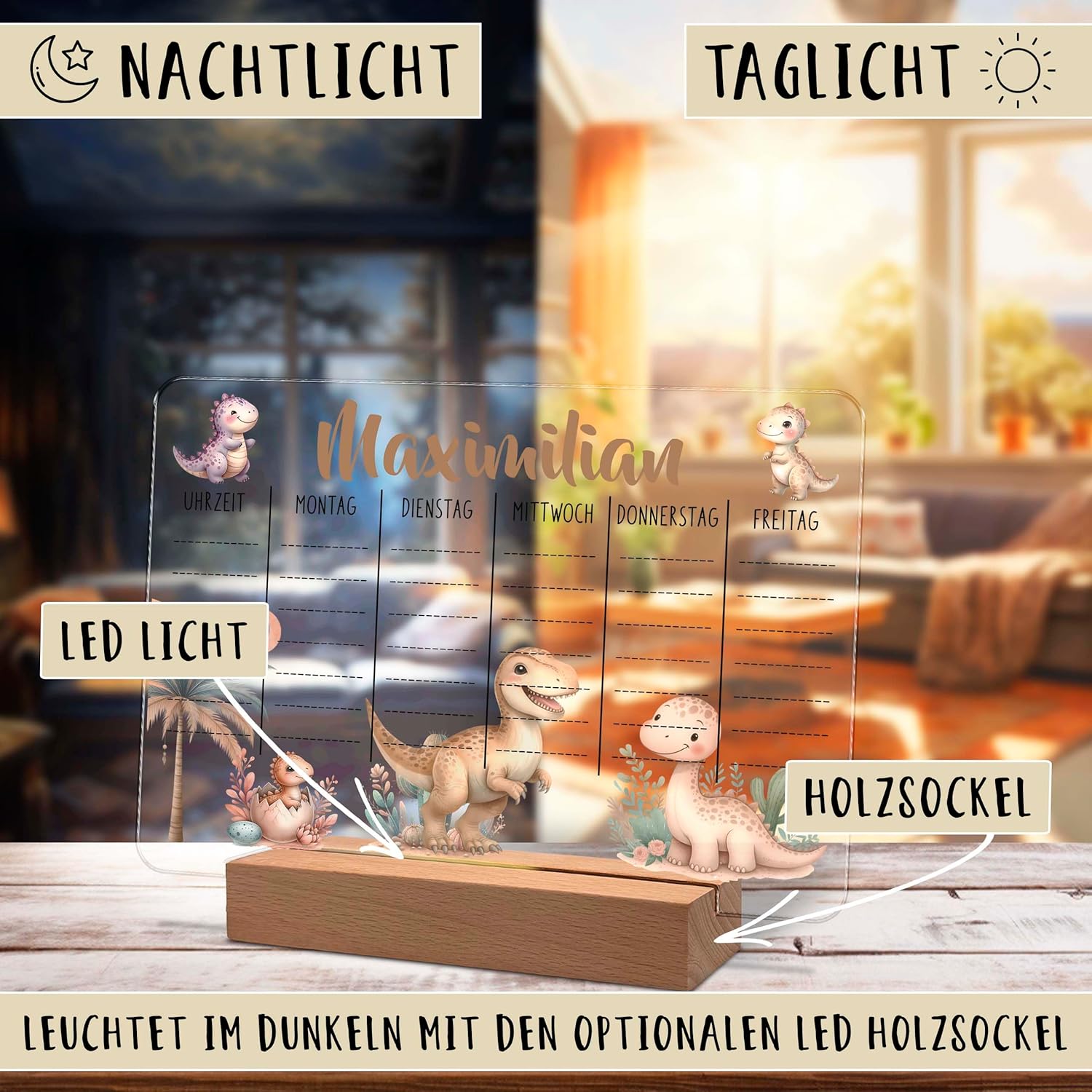 Personalised Acrylic Glass Timetable 20 x 15 cm with Name Optional LED Wooden Base Warm White Gift for Starting School Primary School Dino – Bild 6
