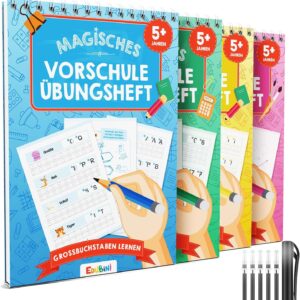 Edubini Magic Preschool Exercise Books from 5 Years for Boys & Girls - [4 Booklets + Pencil] - Reusable Writing Books for Preschool - Learning to Write Letters