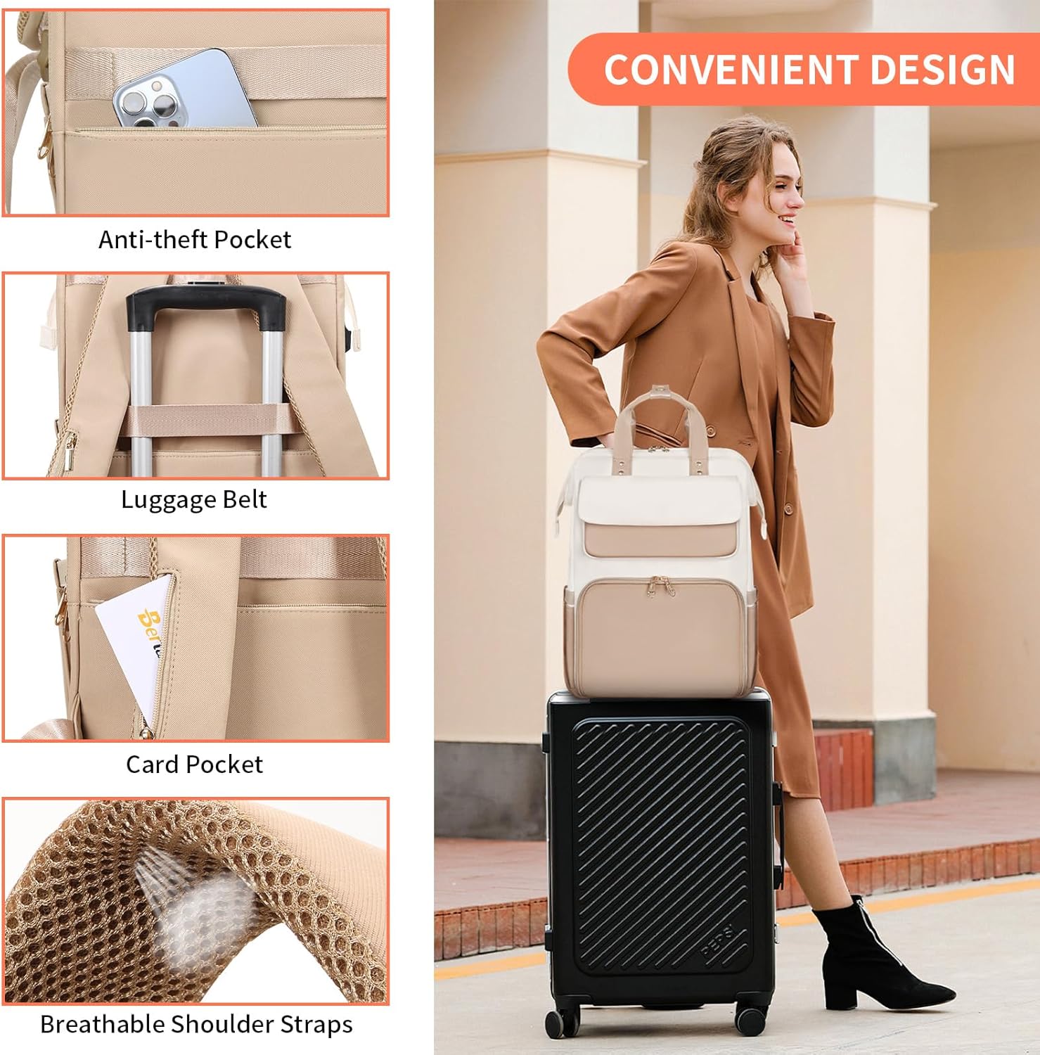 BERTASCHE Lunch Backpack, Laptop Backpack Women's 15.6 Inch with Insulated Cool Bag, 2-in-1 Work Backpack for Women/Work/Business/Travel/Teacher/School/University, Khaki Beige – Bild 4
