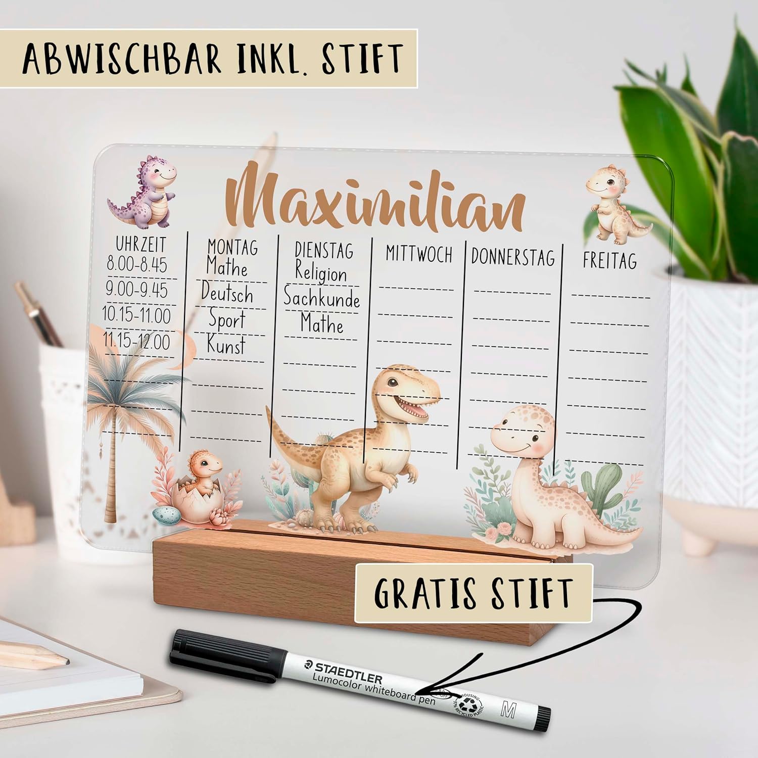Personalised Acrylic Glass Timetable 20 x 15 cm with Name Optional LED Wooden Base Warm White Gift for Starting School Primary School Dino – Bild 3