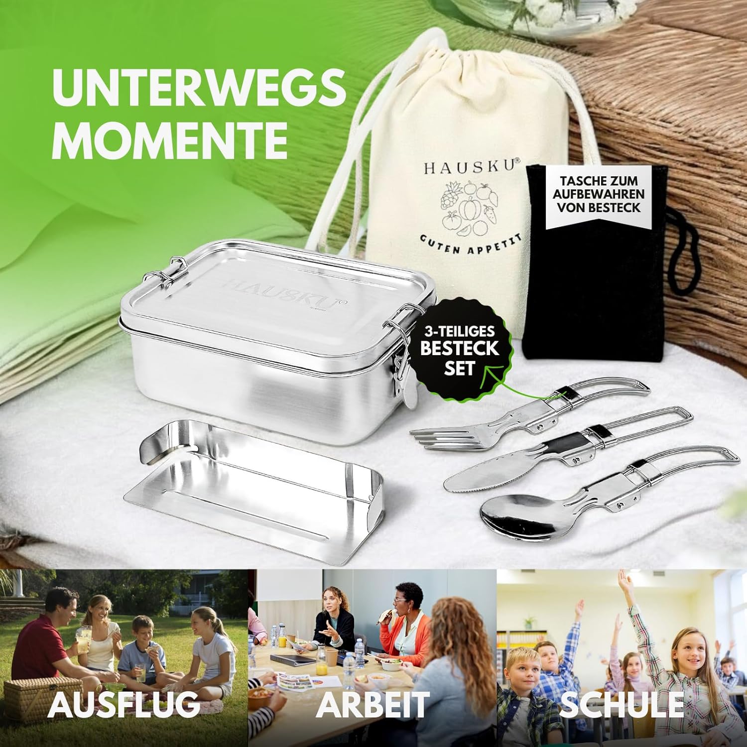 Stainless Steel Lunch Box with Compartments, 1200 ml, Lunch Box with Movable Divider and Cutlery, Leak-Proof Metal Lunch Box, BPA-Free, Dishwasher Safe, Reusable, for Adults and Children – Bild 8