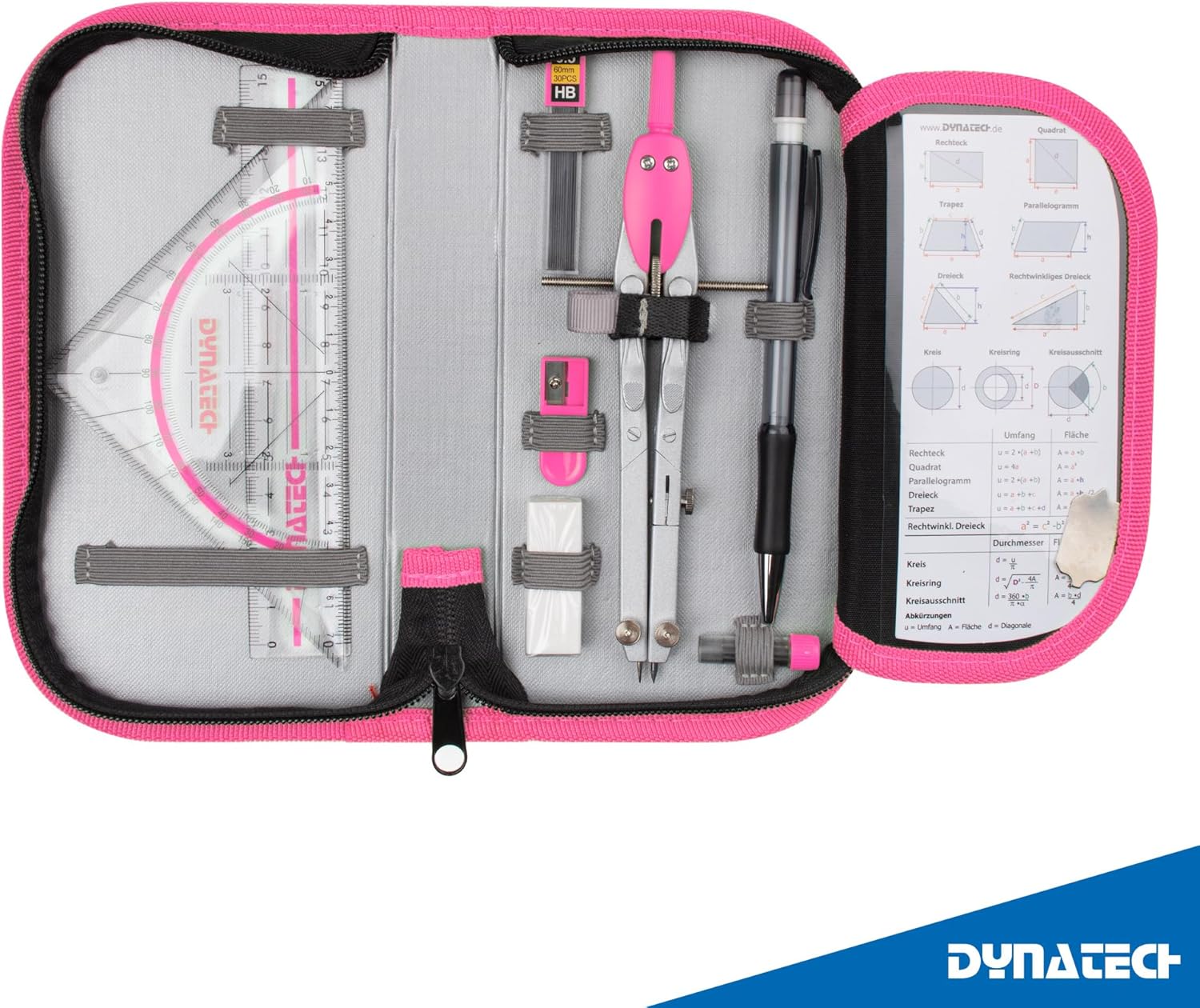 DynaTech Compass Set Geometry Set 13 Pieces with Quick Adjusting Compass, Set Square, Parabola, Pencil, Ruler, Sharpener and Replacement Leads in Case Pink - Practical Mathematics Set Including Pencil Case – Bild 7