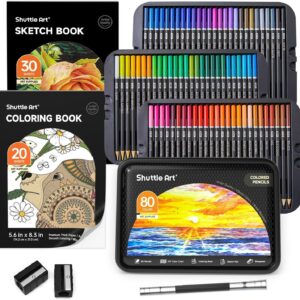 Shuttle Art Colouring Pencils Set, 80 Professional Colouring Pencils for Adults and Children, Colouring Pencils Set with Colouring Book, Sketchbook, Sharpener, Pencil Extender and Iron Box, Colouring