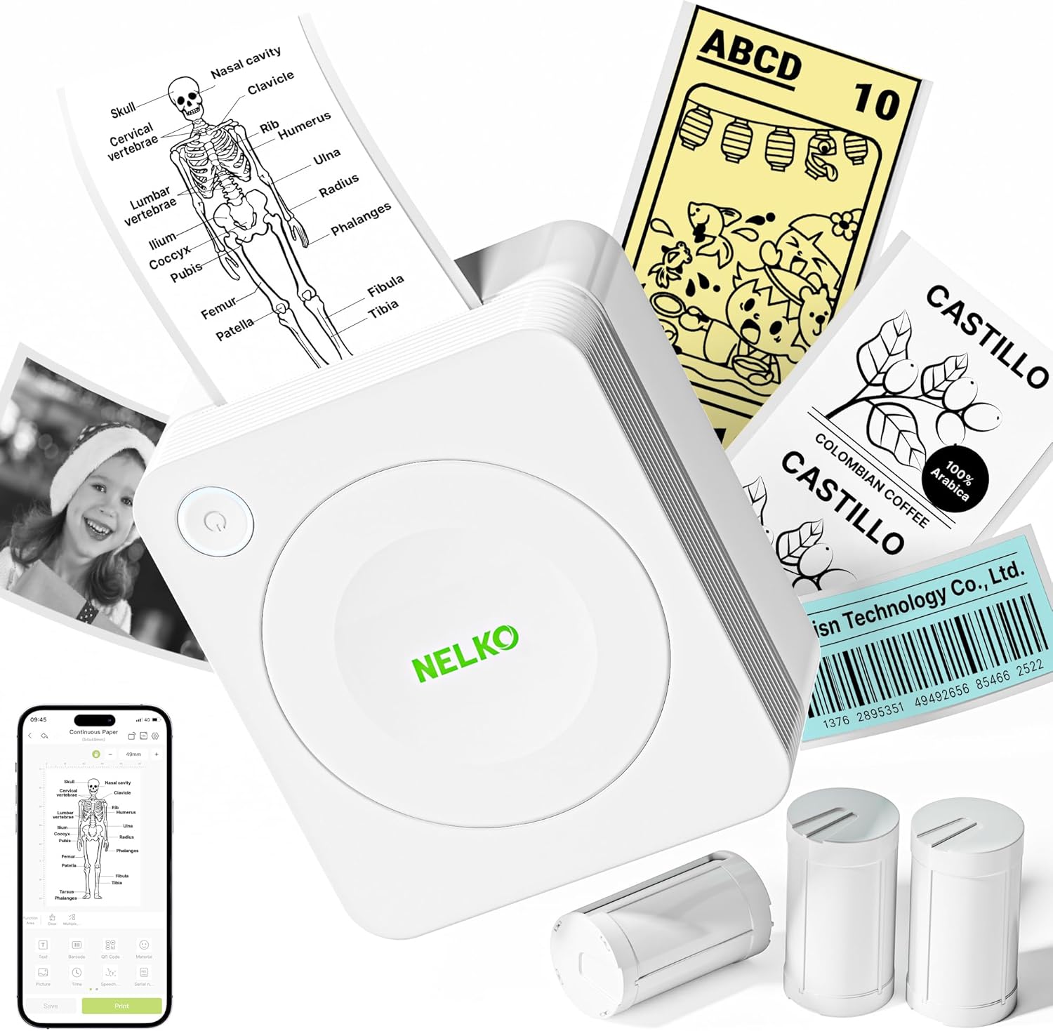 Nelko Mini Printer PM230 Sticker Printer Photo Printer with 3 Rolls Labels for Smartphone Thermal Printer Bluetooth Label Printer for DIY Creation, Study Notes, (White)