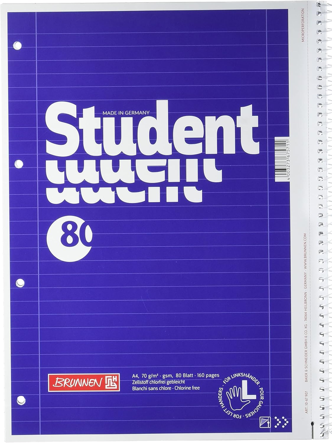 Brunnen 1067908 Student Notepad/College Pad (A4, 70 g/m², 80 Sheets) & 1067907 Notepad/College Pad Student (for Left-Handed Users, A4, Lined, Line Style 27, 70 g/m², 80 Sheets with Spiral Right) – Bild 4