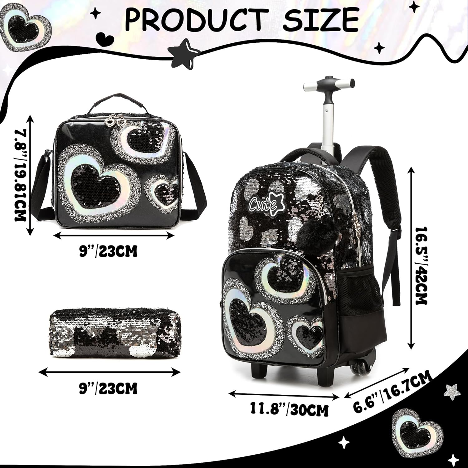 HTgroce Trolley Backpack with Wheels, Pencil Case, Lunch Bag, 3-in-1 Lightweight Rolling School Bag for Girls, School Bags Trolley Sets, Black Heart – Bild 2