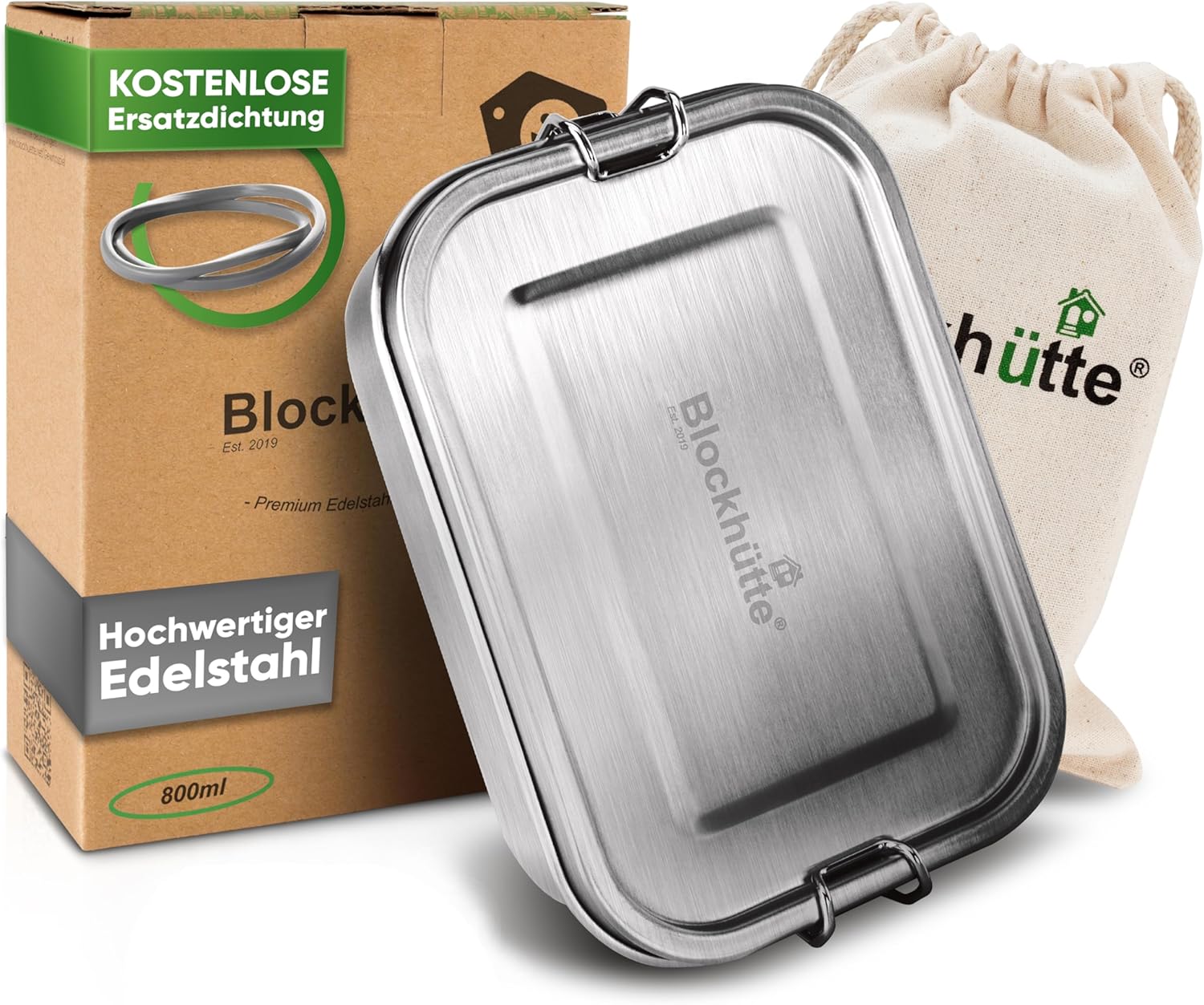 Blockhütte® Premium Stainless Steel Lunch Box (800 ml) for Children, Includes Compartments and Replacement Seal – The Food Storage Container with Divider is Leak-Proof – Small Lunch Box, 800ml, Silver
