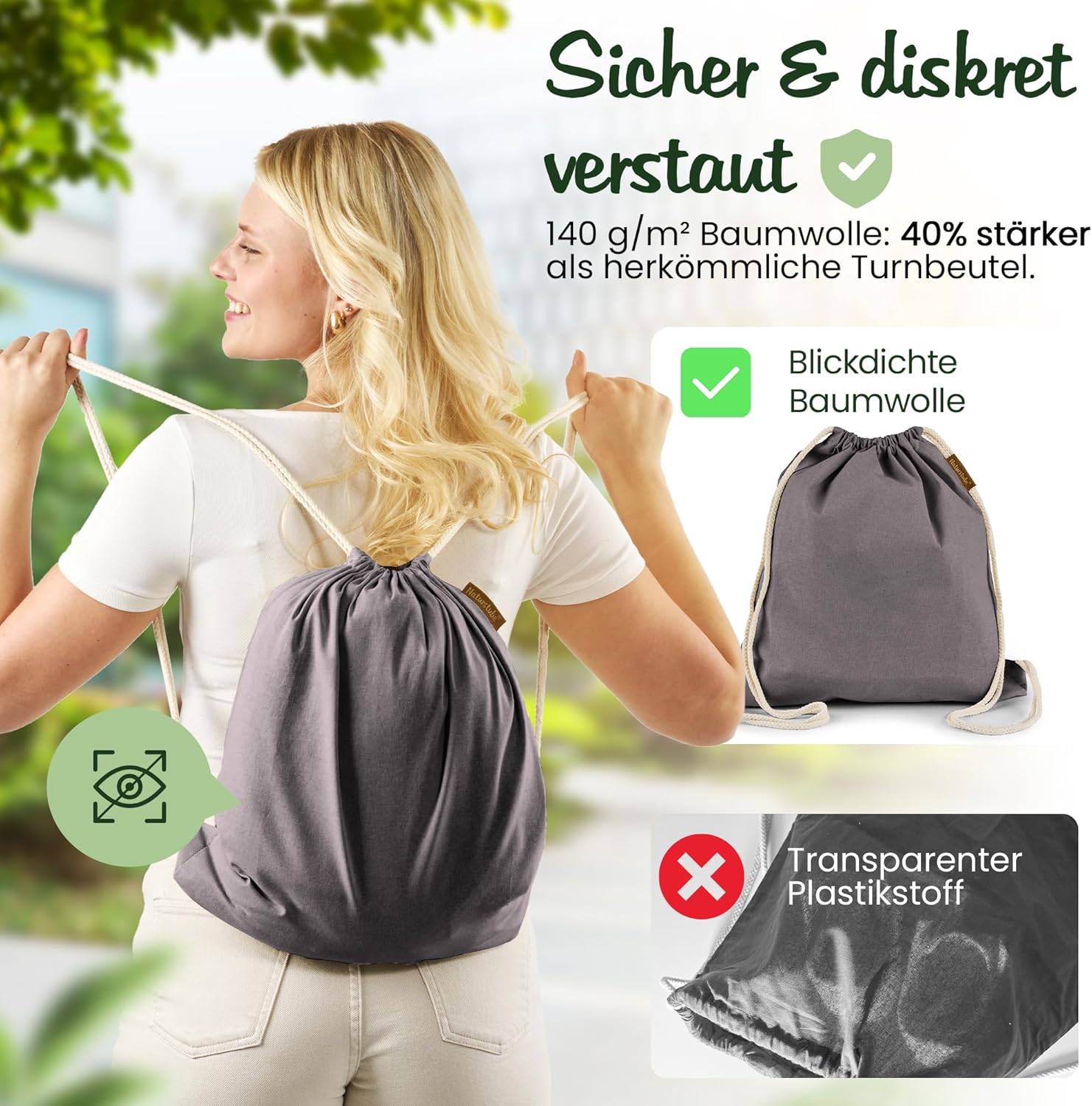 Cotton Gym Bag (1 Piece, 38 x 42 cm) Oeko-Tex® Certified | Fabric Bag & Sports Bag for Painting | Jute Bag for Festival | Women, Men & Children | Plastic-Free Packaging – Bild 3