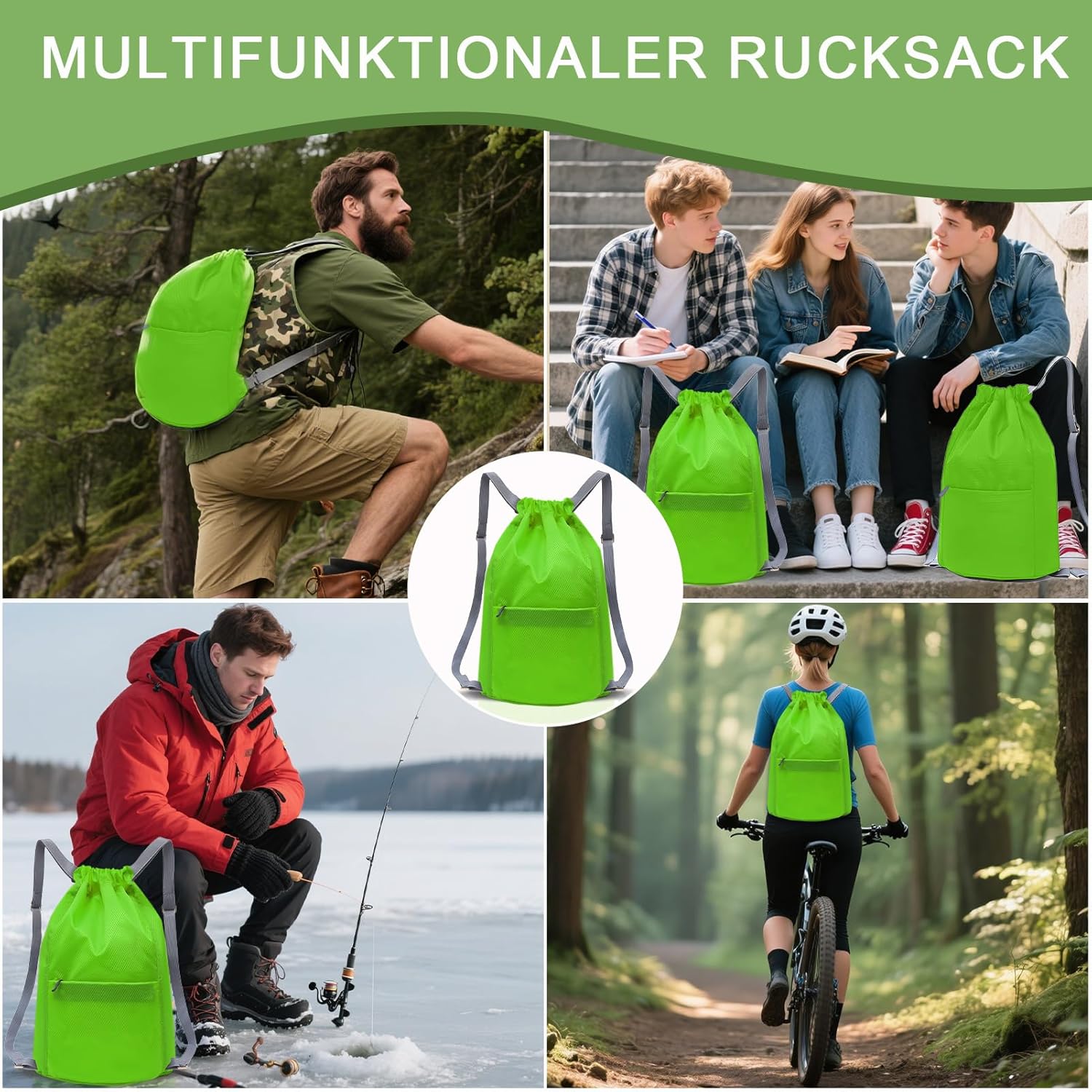 Waterproof Drawstring Bag, Gym Bag, Sports Bag, Men and Women, Foldable Large Capacity Bag with Drawstring Backpack, Drawstring Bag for Hiking, Camping, Travel – Bild 7