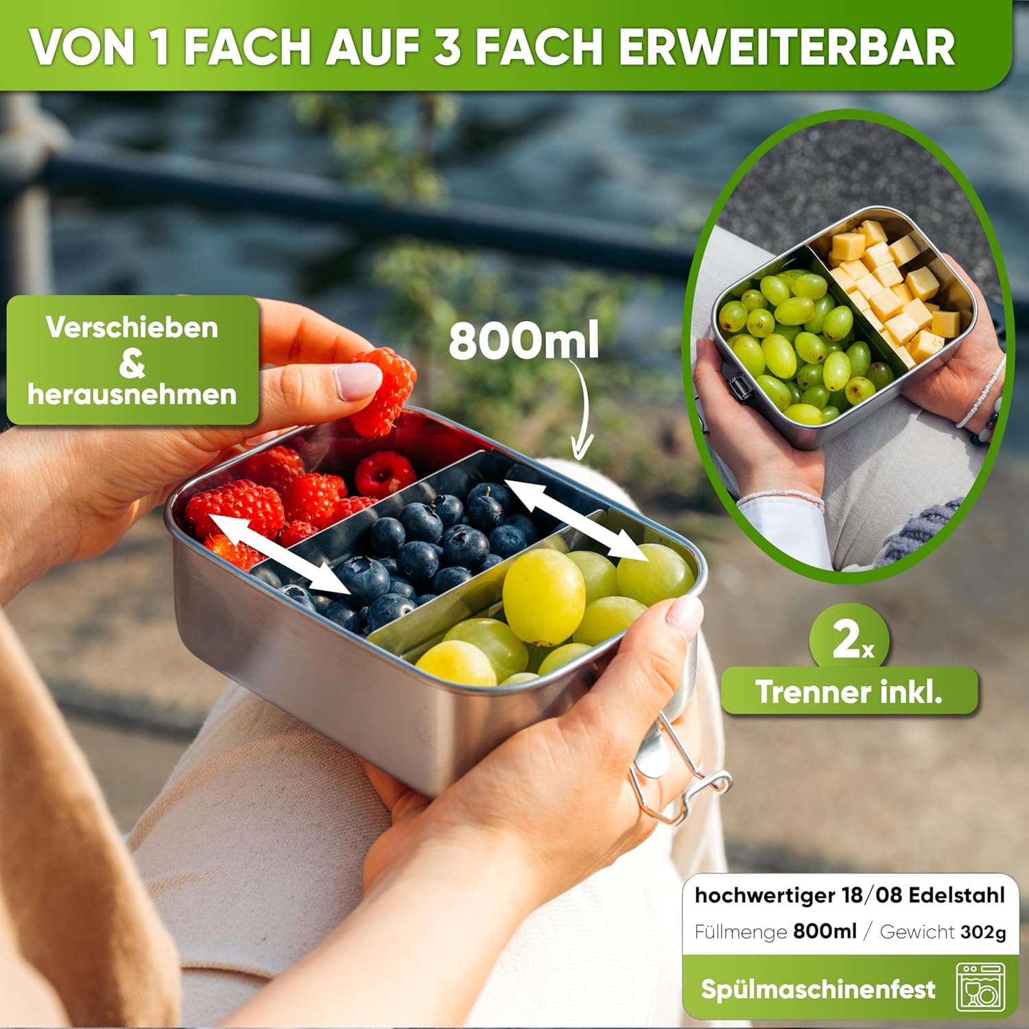 Blockhütte® Premium Stainless Steel Lunch Box (800 ml) for Children, Includes Compartments and Replacement Seal – The Food Storage Container with Divider is Leak-Proof – Small Lunch Box, 800ml, Silver – Bild 3