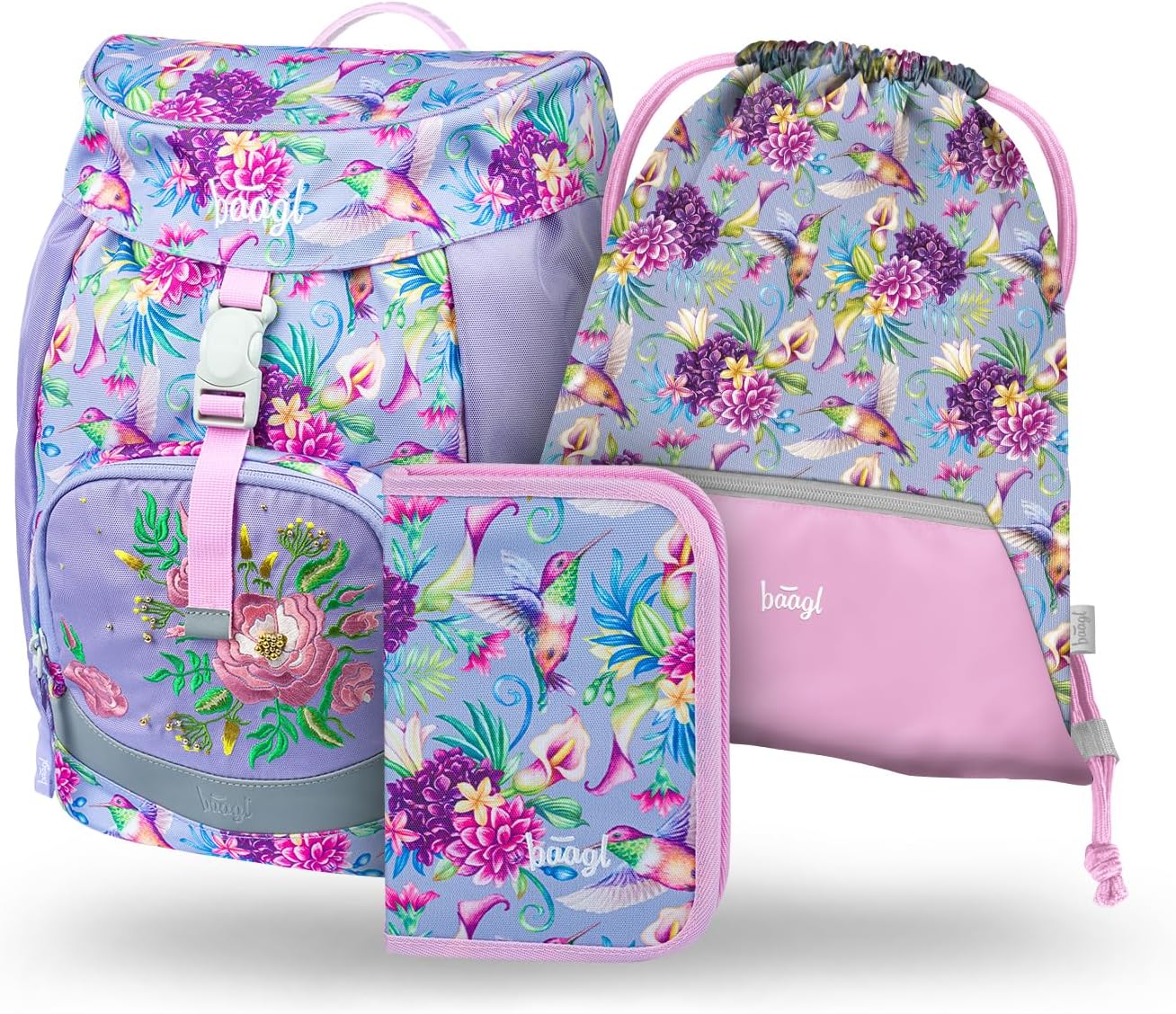 Baagl School Bag Boys for 1st Grade, Airy School Bag Set 3 Pieces, Primary School Backpack for Kids, Satchel for School, Satchel, hummingbird, School bag set