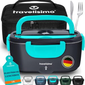 TRAVELISIMO Electric Lunch Box 80 W Warming Box for Food, 1.5 L Warming Container for Food, 3-in-1 Electric Lunch Box, Self-Heating Cans 12 V/24 V/220 V, for Work, Car, Truck, Lunch Box, Electric