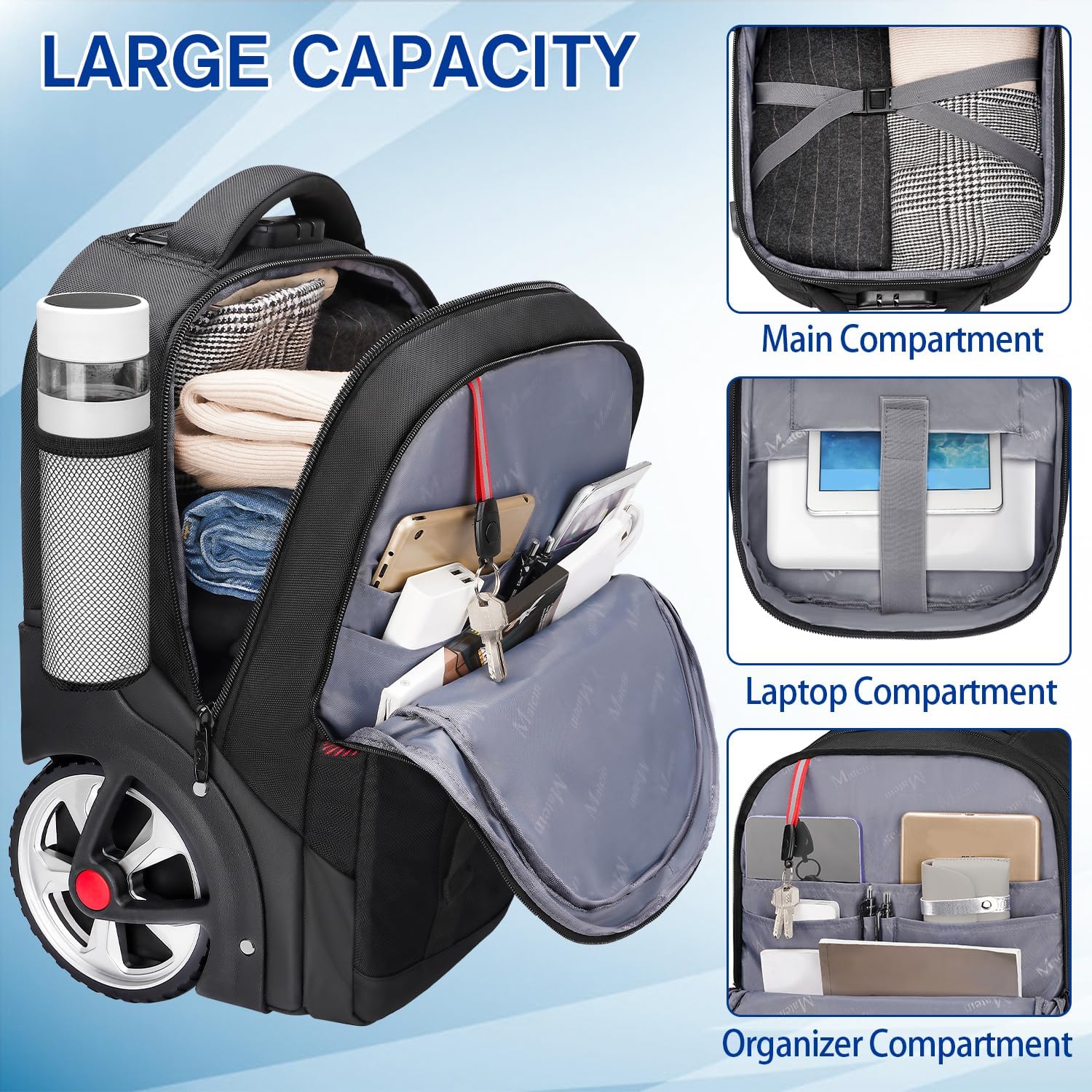 MATEIN Trolley Backpack with Wheels, 17.3 Inch Trolley Backpack with Large Wheels, 50 L Travel Backpack with Wheels Including USB Charging Port & Combination Lock, Waterproof for Work Travel, Black – Bild 4