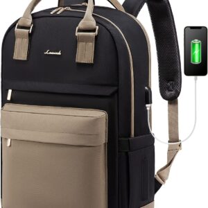 Lovevook Women's Backpack, with Compartment for 17 inch Laptop, Girls’/Teenagers’, with USB Charging Port, Waterproof School Bag, Daypack, for School/University/Travel/Work, Khaki, Black