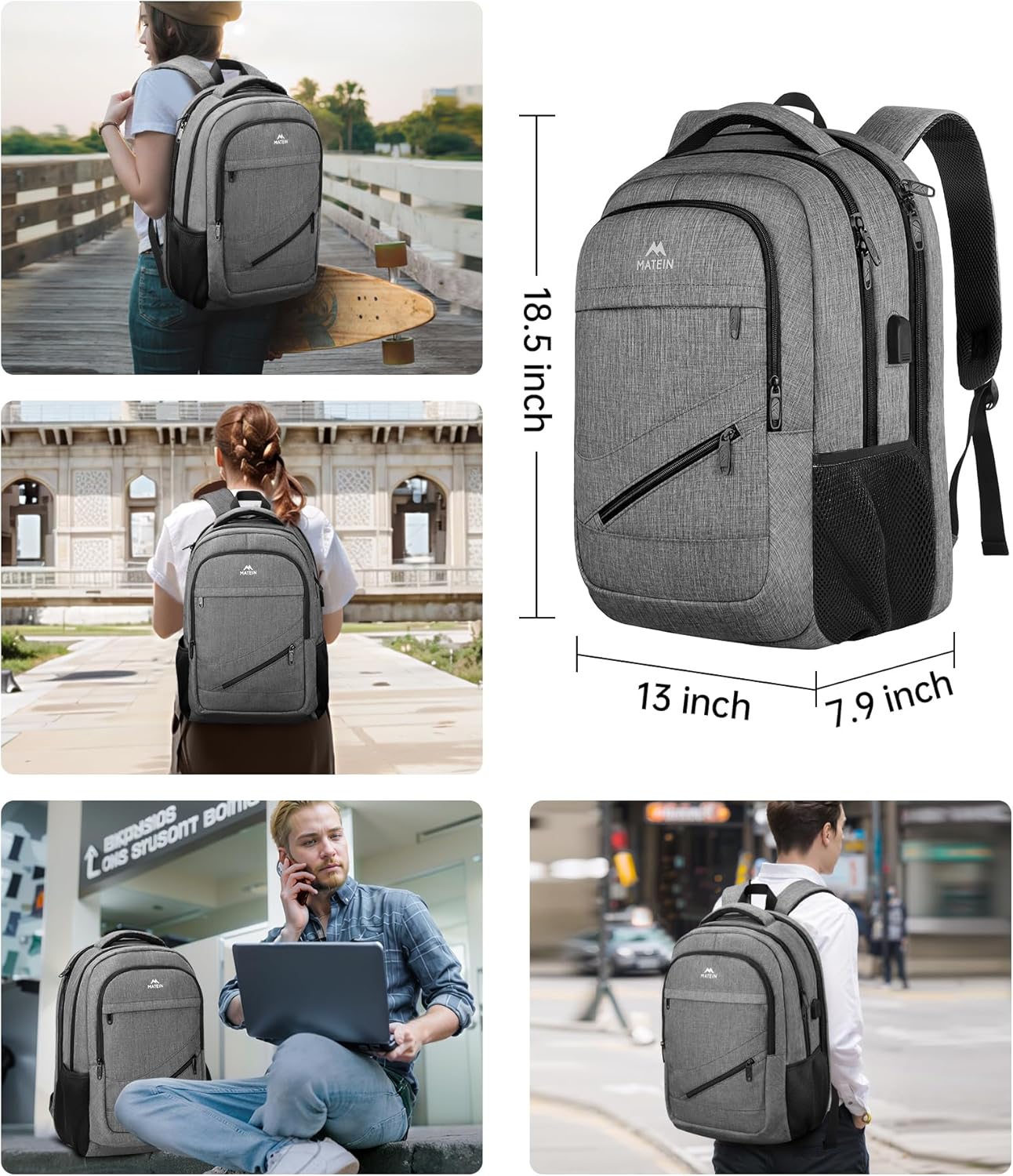 MATEIN Laptop Backpack Men's 17 Inch Large Waterproof Backpack Men's Travel Bag Work Business School Backpack with USB Charging Port, Anti Theft TSA Backpack Teenager Daypack, Grey – Bild 5
