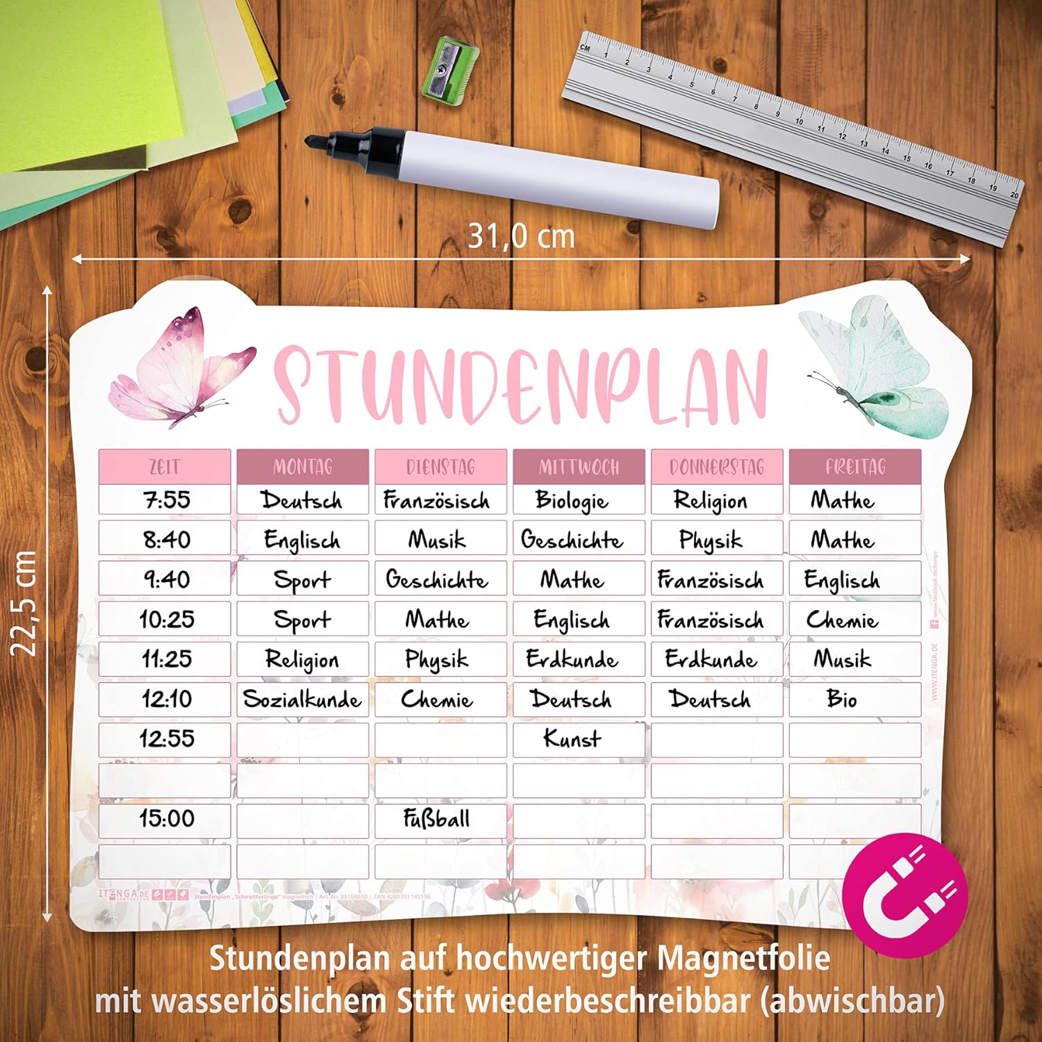 itenga Timetable DIN A4 Magnetic Butterfly Motif, 31 x 22.5 cm, Wipe-Clean, e.g. for the Fridge for Girls (Butterfly) – Bild 3