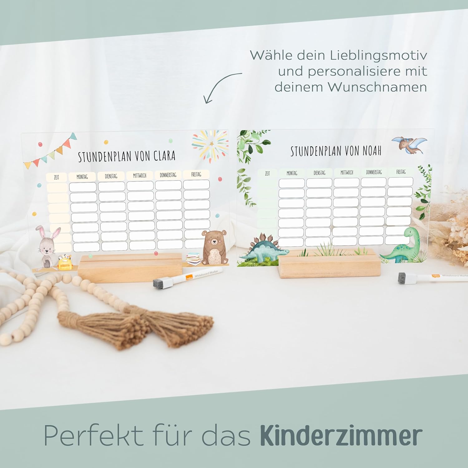 wunderwunsch® - Personalised & Washable Acrylic Timetable + Pen and Wooden Holder - School Gift for First Day of School or Primary School (Bar and Rabbit, without Wooden Holder) – Bild 3