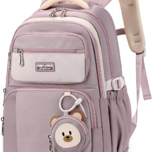 School Backpack Teenager Backpack Girls School Bag for 3rd 5th Grade, 40L Large Children's Backpack with Cute Coin Purse for 9-18 Years, Casual Daypack with Trolley Strap - Purple