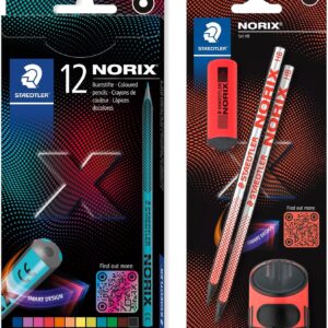 STAEDTLER Norix 186 Colouring Pencils and 181 Pencil Set, Made from Upcycled Wood, Unique Shape, 12 Colouring Pencils in Assorted Colours, 2 HB Pencils, Eraser and Single Sharpener Box, Red