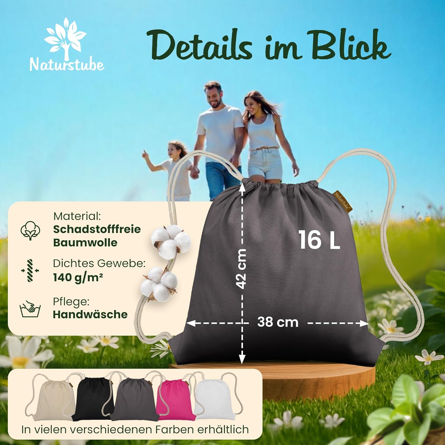 Cotton Gym Bag (1 Piece, 38 x 42 cm) Oeko-Tex® Certified | Fabric Bag & Sports Bag for Painting | Jute Bag for Festival | Women, Men & Children | Plastic-Free Packaging – Bild 7